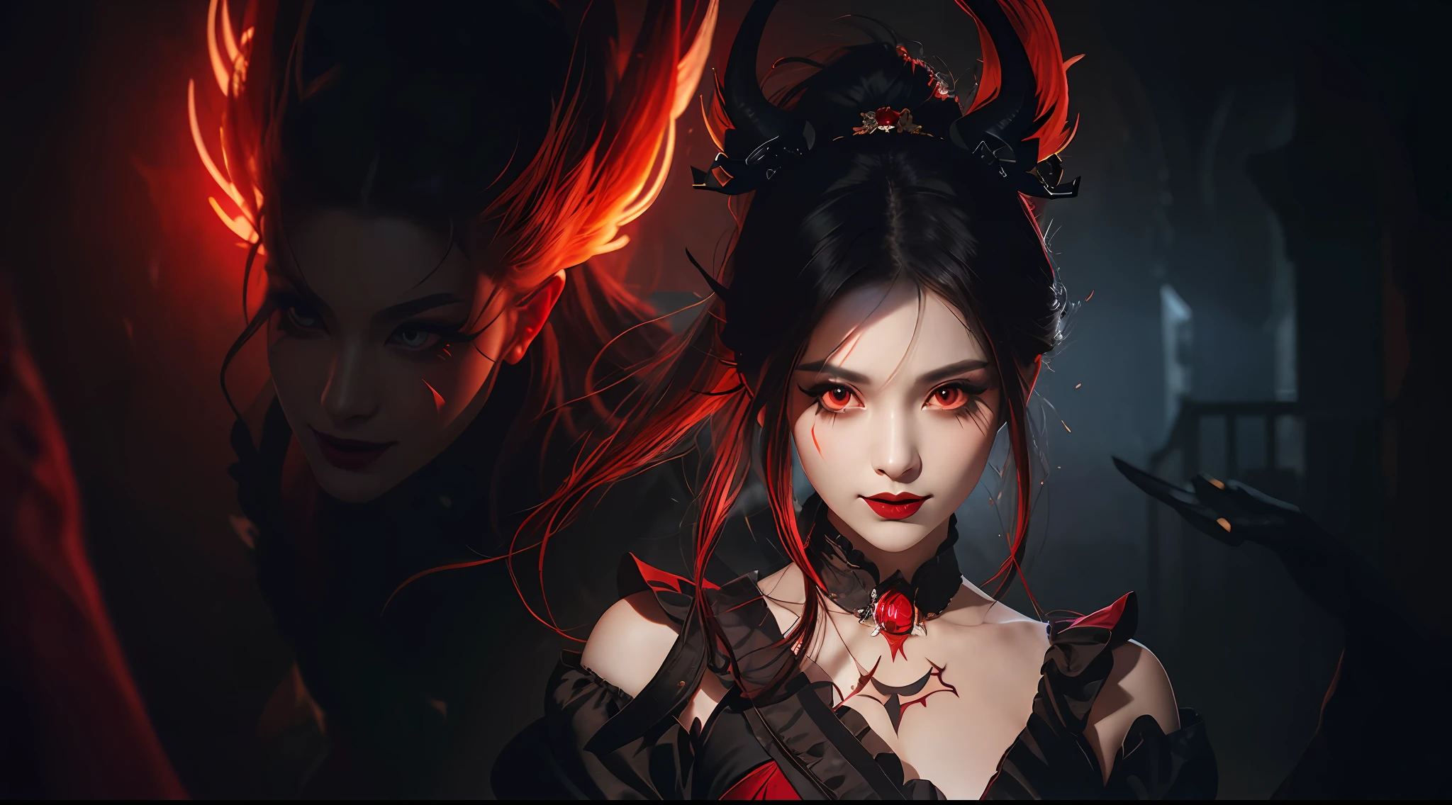 1 beautiful devil woman from hell, In the Dark: 1.6), surreal female portrait by David Hockney and Alphonse Mucha, fantasy art, korea doll, photorealism, dynamic lighting, artstation, poster, volumetric lighting, very detailed faces, 8k ultra, Awarded, in the dark, deep shadow, low key, cowboy lens, (Red phoenix dress: 1.4), long hair, black hair, bust, luxurious palace, Royal style, devil  crown, red eyes make up very sharp and detailed, The most beautiful face, The breasts are very big and round and round, Super realistic, chinese women's clothing, polo neck sweater, Charming smile, The eyes are very well made up, guweiz, devil style, wearing black mesh socks, Ponytail with a bow tied at the back of the hair, Red black lips, Devil tattoo on shoulder, wearing a thin red and black robe, the landscape is overcast and thunderous, (Portrait), Close-up of the main character, (Background details 1.8),