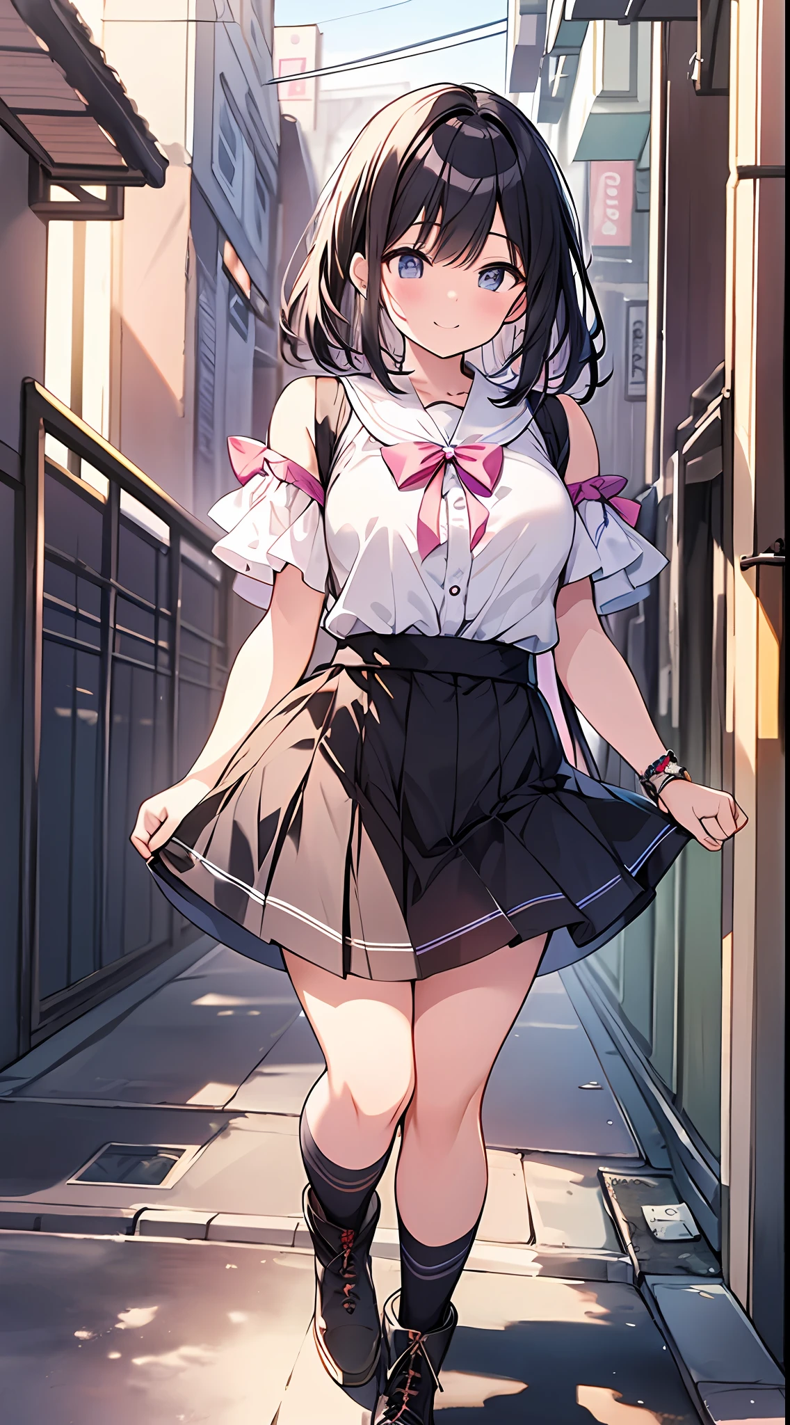 Top Quality, Masterpiece, High Resolution, 8k, Pastel Colors, Anime Style Girl with Light Shirt and Skirt, One Girl, Detailed Line Art, Bright White and Bright Amber Style, Digital Enhancement, Close Up, Anime Core, Flowing Fabric, Shoulder Length and Short Braid, Beautiful Black Hair, Big Smile, Full Body Angle