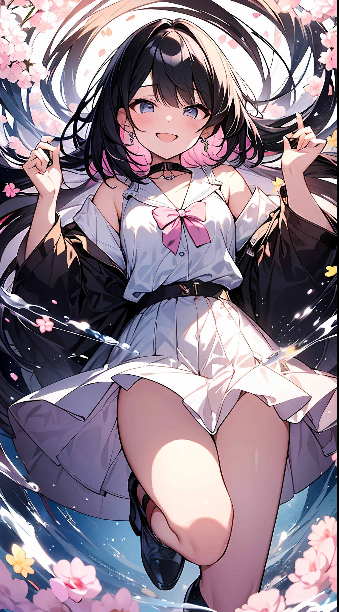 Top Quality, Masterpiece, High Resolution, 8k, Pastel Colors, Anime Style Girl with Light Shirt and Skirt, One Girl, Detailed Line Art, Bright White and Bright Amber Style, Digital Enhancement, Close Up, Anime Core, Flowing Fabric, Shoulder Length and Short Braid, Beautiful Black Hair, Big Smile, Full Body Angle