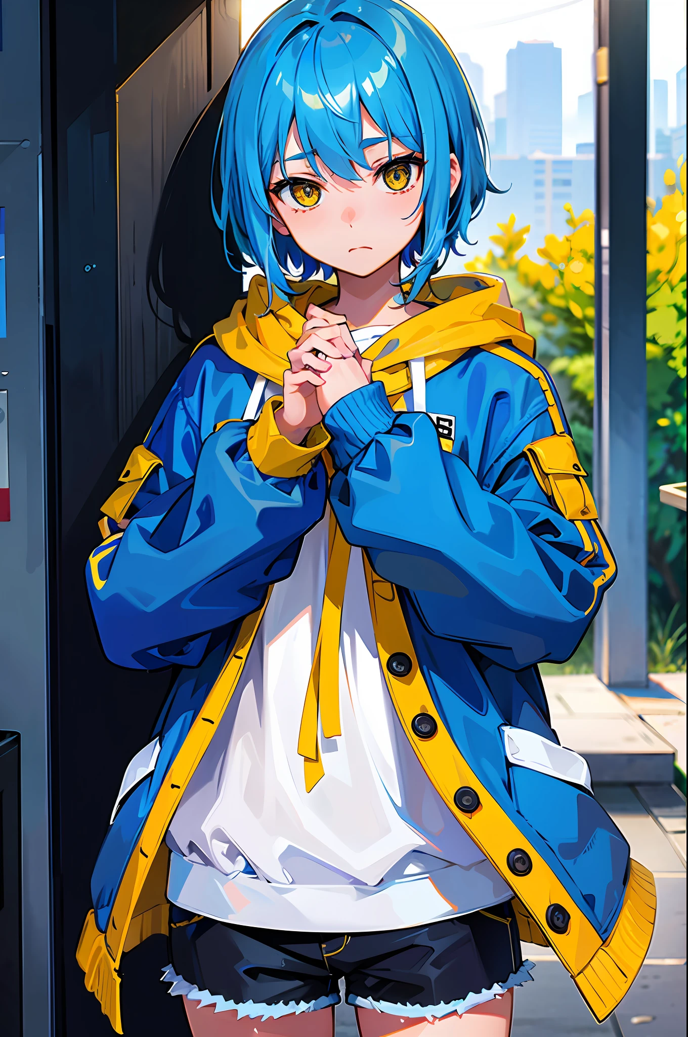 best quality, masterpiece, 1 boy, blue hair, yellow eyes, blue and white sweater, shorts, shy