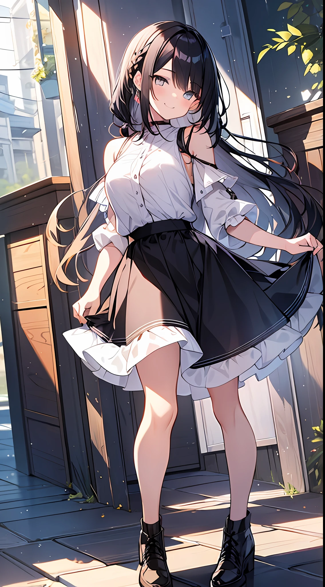 Top Quality, Masterpiece, High Definition, 8k, Girl in Anime Style with Light Shirt and Skirt, One Girl, Detailed Line Art, Bright White and Bright Amber Style, Digital Enhancement, Close Up, Anime Core, Flowing Fabric, Shoulder Length and Short Braid, Beautiful Black Hair, Big Smile, Full Body Angle