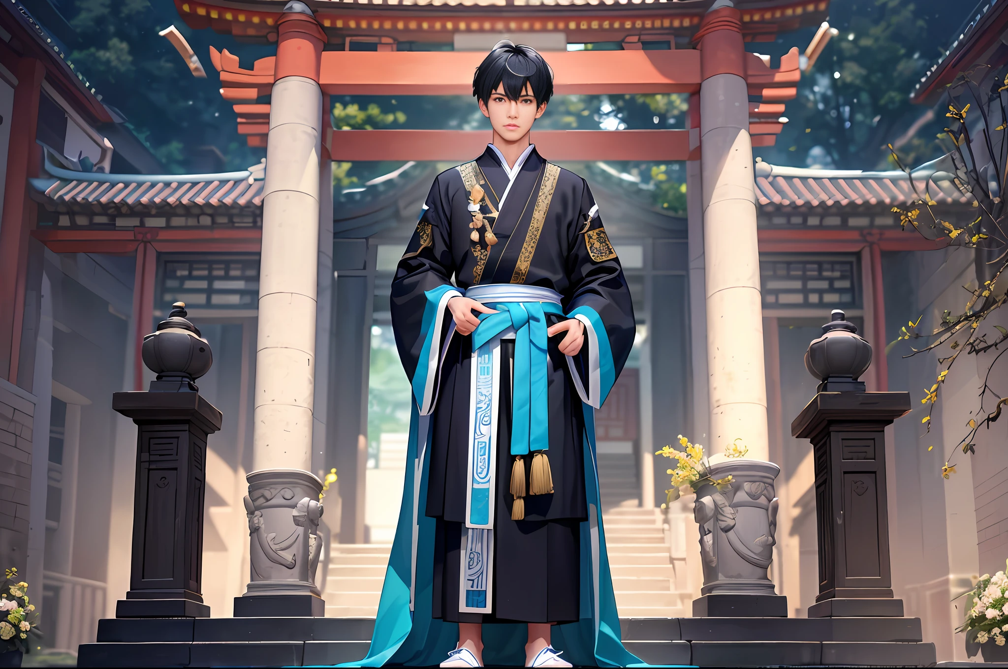 High-definition pictures, ultra-high resolution, super details. An 18-year-old boy, tall, close-up on the side, full body, cyan practice robe, black hair, super short hair, outdoor altar, standing on the altar, clenched fists. Chinese ancient style, Chinese martial arts style. 4K ultra-clear material.