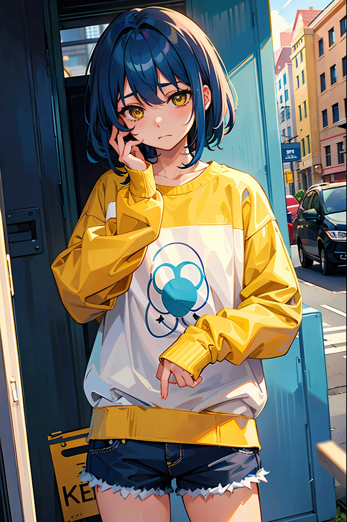 best quality, masterpiece, 1 boy, blue hair, yellow eyes, blue and white sweater, shorts, shy