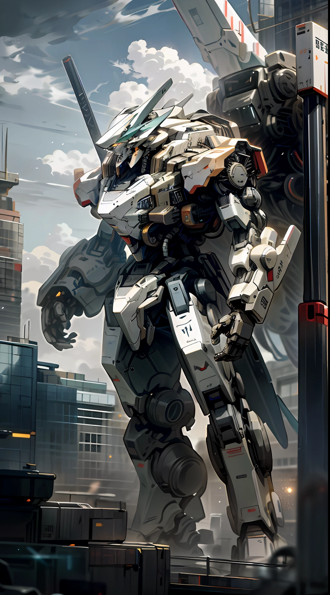 sky, cloud, holding_weapon, no_humans, glowing, , robot, building, glowing_eyes, mecha, science_fiction, city, realistic,mecha