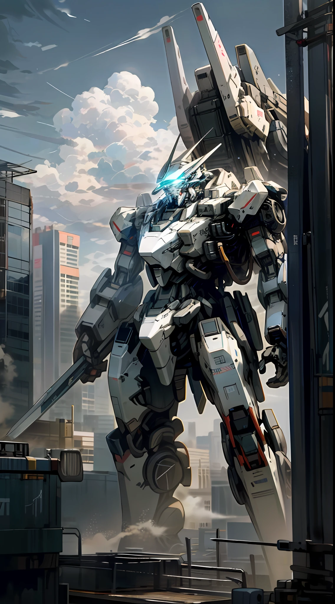 sky, cloud, holding_weapon, no_humans, glowing, , robot, building, glowing_eyes, mecha, science_fiction, city, realistic,mecha