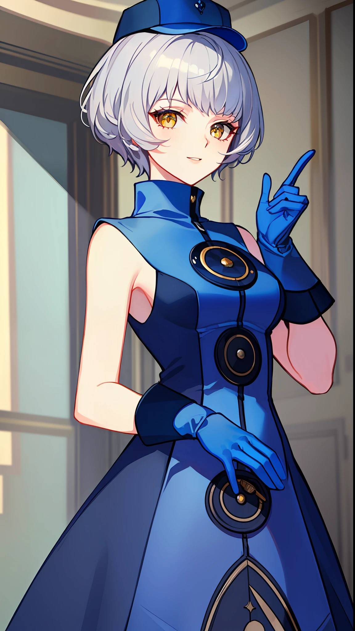 (((Masterpiece)))), (((Best Quality)))), ((Very Detailed))), Detailed Fingers, Precise Fingers, Non-Unnatural Hands, Golden Eyes, Silver Hair Shortcut, Blue Elevator Girl Hat, Sleeveless Blue Elevator Girl Costume, Blue Gloves, Elizabeth, Royal Elegant Pose