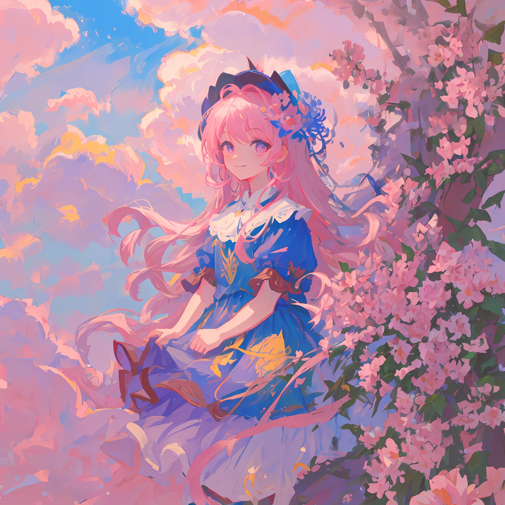 MKSKS, masterpiece, best quality, illustration, close up, straightforward, facial focus, smile, colorful, flowers, pink sky, cloud sky, girl with beautiful eyes,