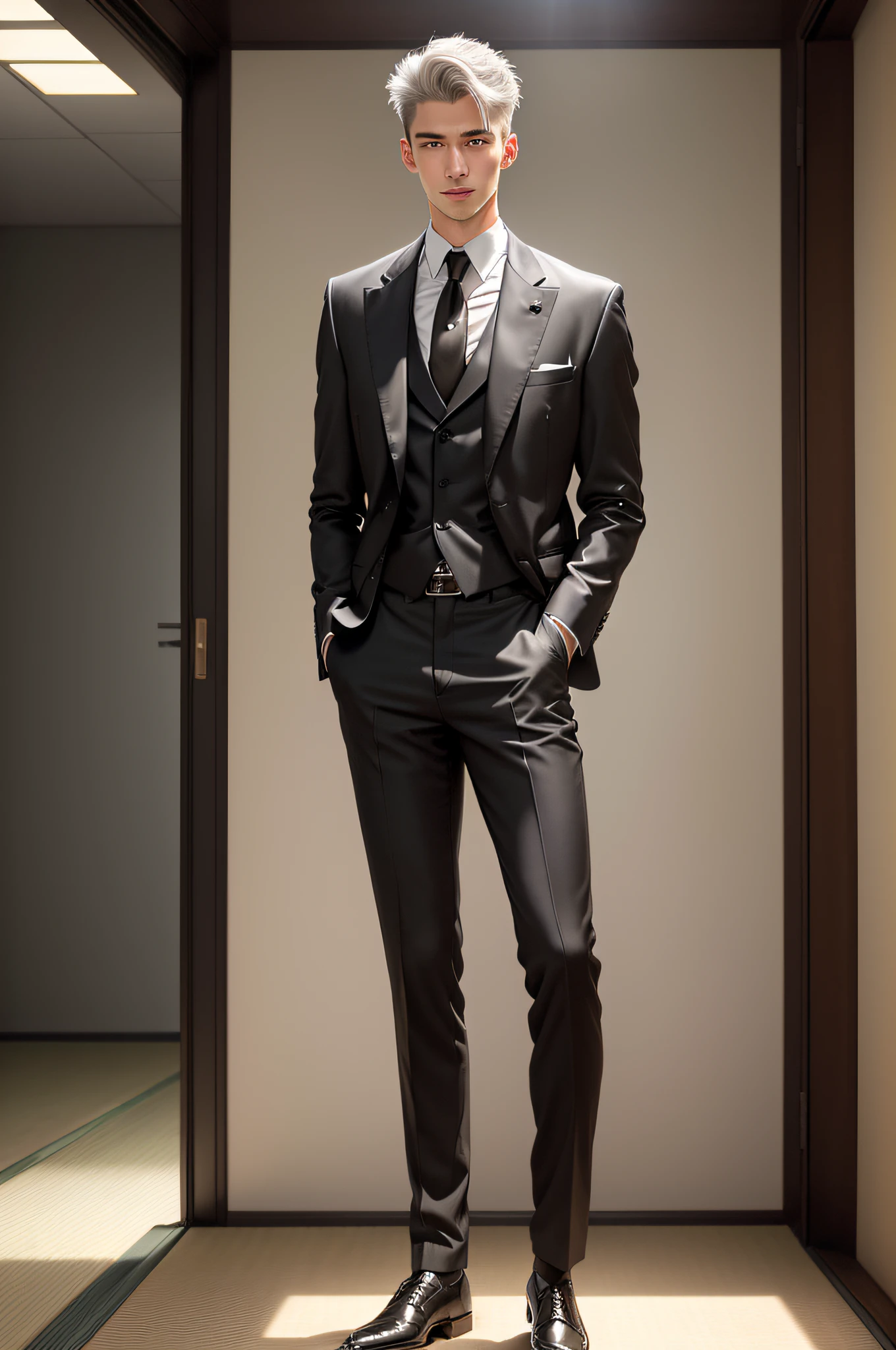 (highest resolution, distinct_image) best image quality, male god masterpiece, high detail, semi-realistic, short gray hair, gray hair, bangs, 20 years old, young, tall and strong, white tuxedo, smile,
cold, serious, tall and handsome, authoritative, powerful, delicate facial features, exquisite facial features, wearing leather shoes, upright, being in a well-lit place, Japan person, exposed to the sun's rays