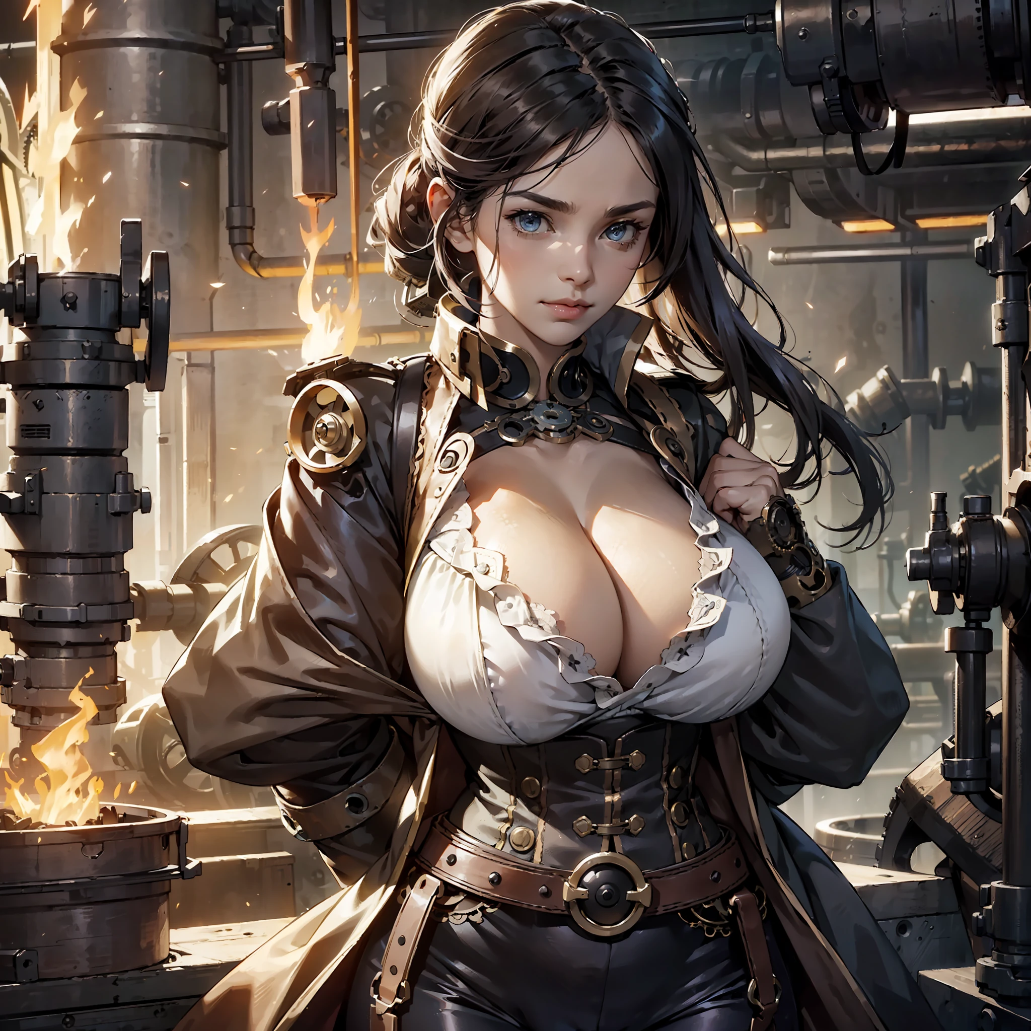 (((gigantic large sagging breast:1.9,gigantic bosom:1.9 masive tits:1.9, marked tits under the clothes:1.9, big cleavage,marked cameltoe))),(sexy pose, sexy clothes, high resolution, ultra detailed), extremely detailed unity 8k CG wallpaper, intricate details, detailed background, (((steampunk clothes))), gears, background workshop, machines, gears, steam, industry, technology, furnace, grime, anvil, buttons, levers, automaton, electricity, electric sparks epic atmosphere, portrait