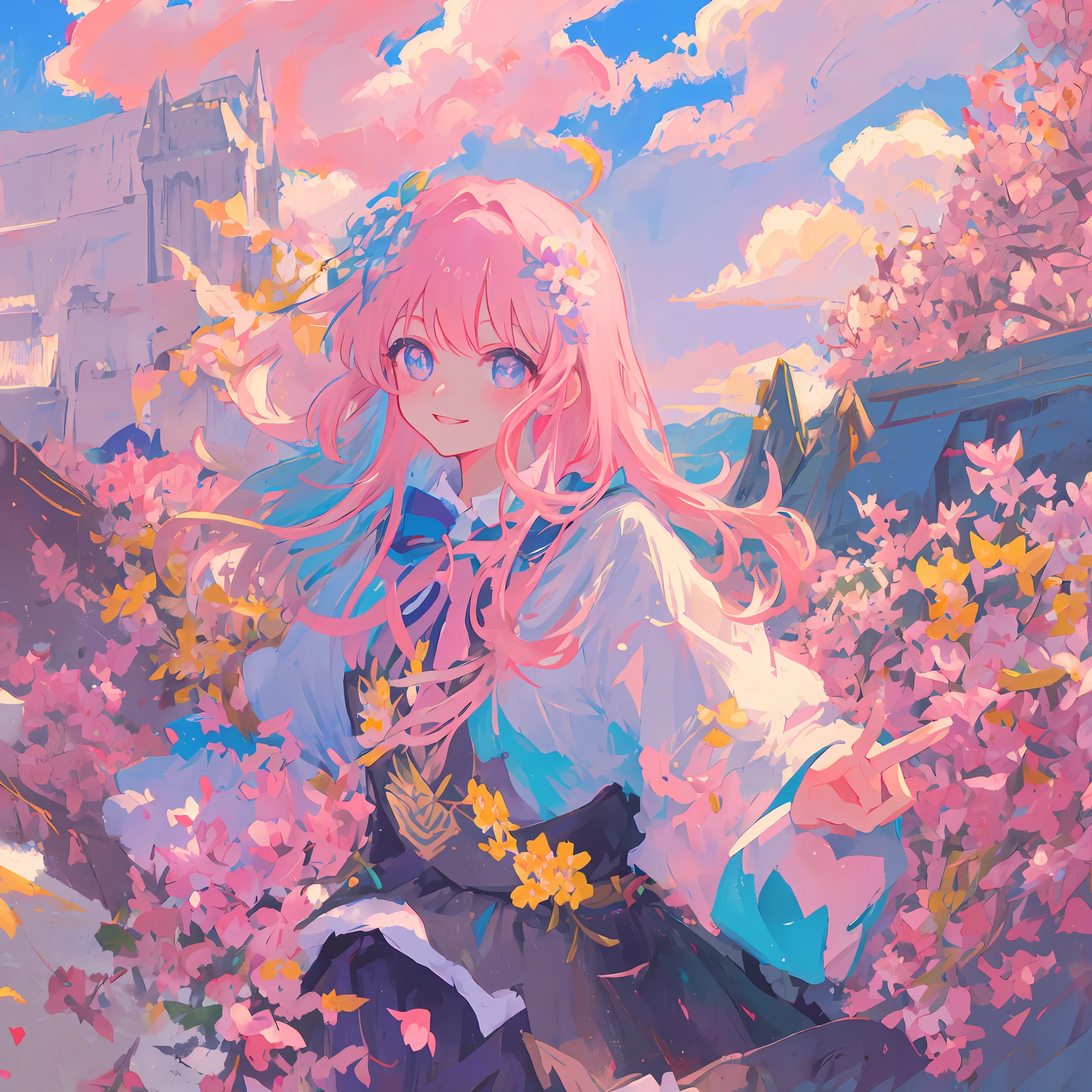 MKSKS, masterpiece, best quality, illustration, close up, straightforward, facial focus, smile, colorful, flowers, pink sky, cloud sky, girl with beautiful eyes,