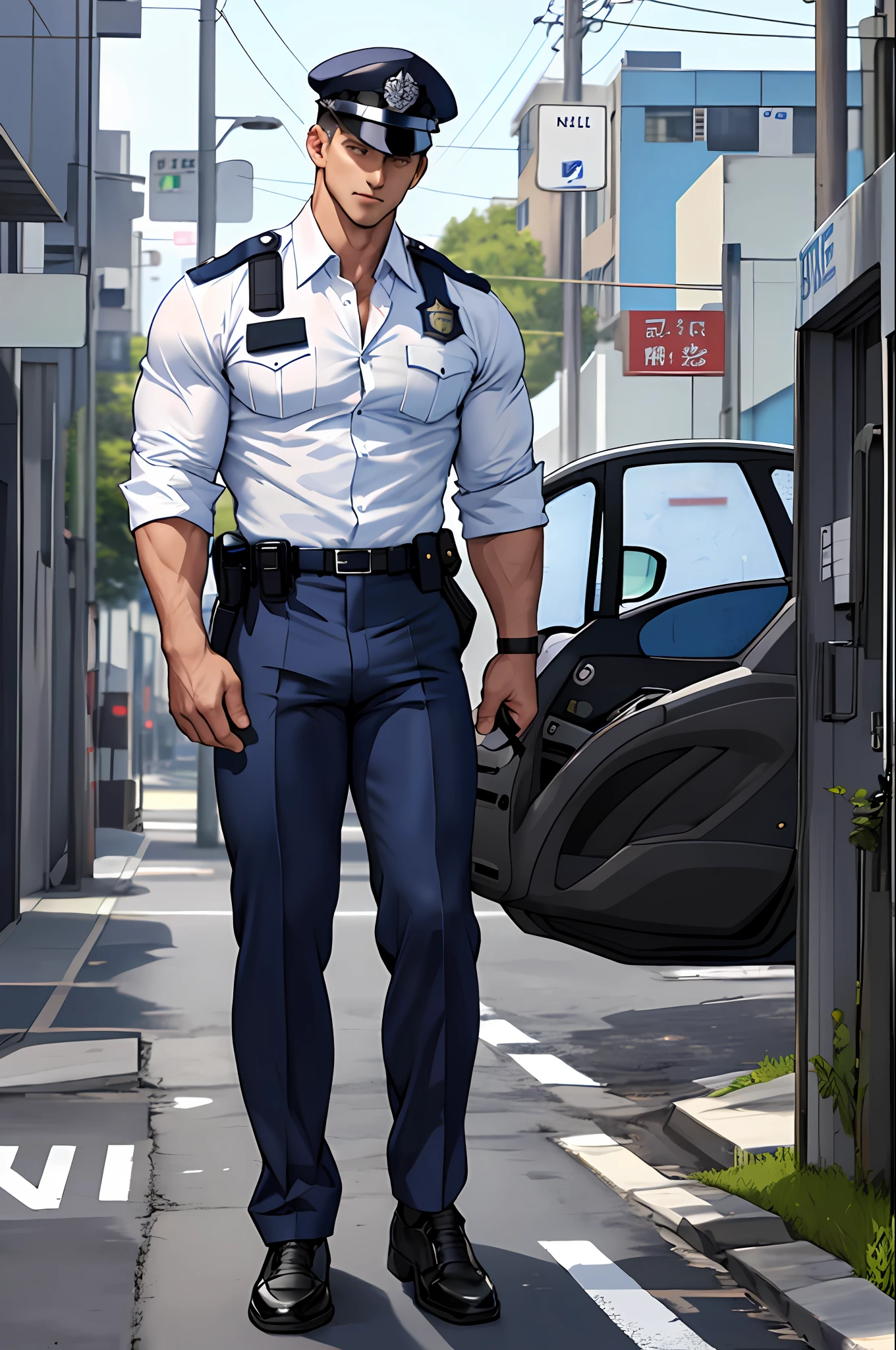Policeman, delicate muscle lines, police uniform, top, bulge, full-body photo, police station behind him, dark socks, transparent white shirt