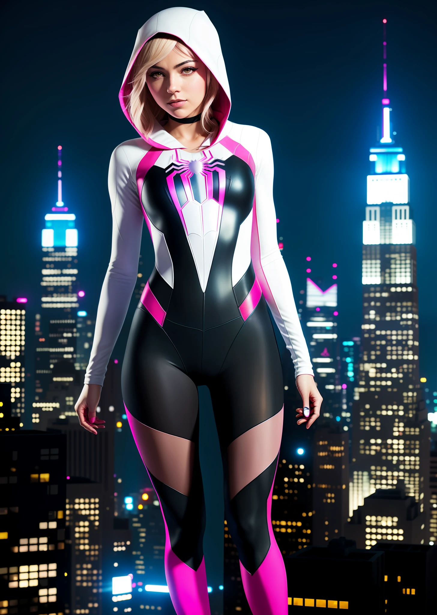Spider-Man's trademark, pink spider symbol, cyberpunk