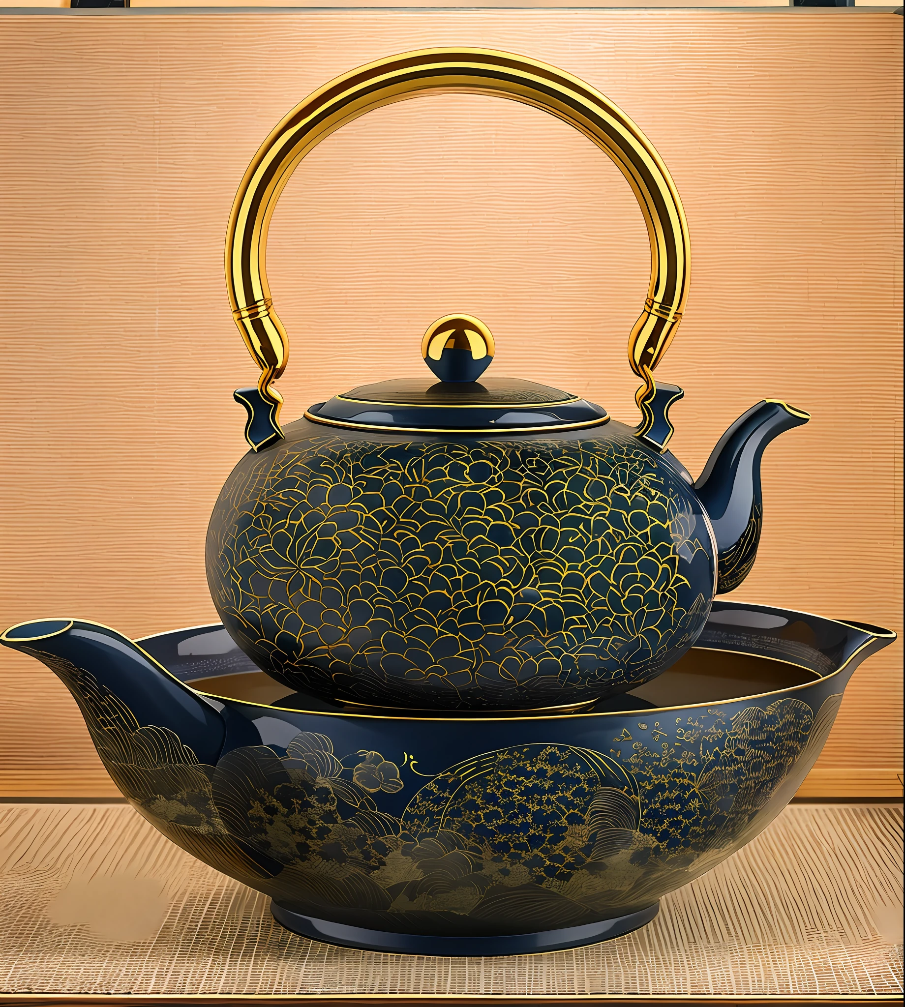 On the bowl is placed a teapot, inspired by Sesshū Tōyō, kettle, large black kettle on the hearth, teapot, teapot, teapot, gorgeous porcelain tea set, teapot: 1, inspired by Renzheng Doben, inspired by Emperor Xuande, ceramics, smooth glazed ceramics