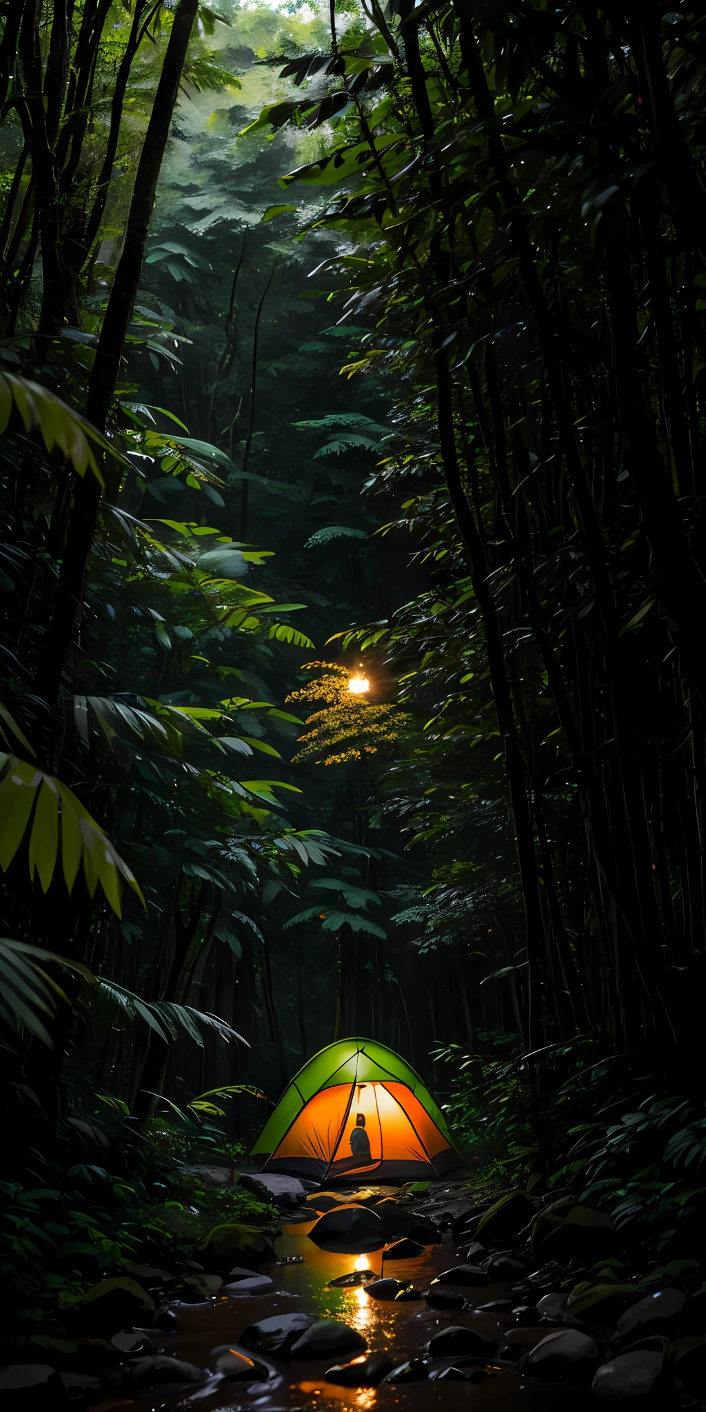 Several colorful camping tents set up among trees of an Amazon rainforest, on a rainy day, masterpiece, best quality, high quality, 8k extremely detailed CG unit wallpaper, oil painting, award-winning photography, Bokeh, Depth of Field, HDR, bloom, chromatic aberration, photorealistic, extremely detailed, trend in artstation, trend in CGsociety, intricate, high detail, Dramatic, art in the middle of the journey, volumetric lighting