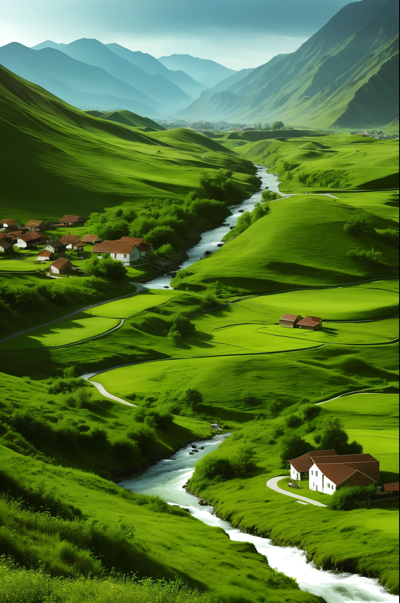 Green valley with a stream in the center of the image and around it, white houses. Create a scene with a nostalgic feel, detailed, ultrarealistic