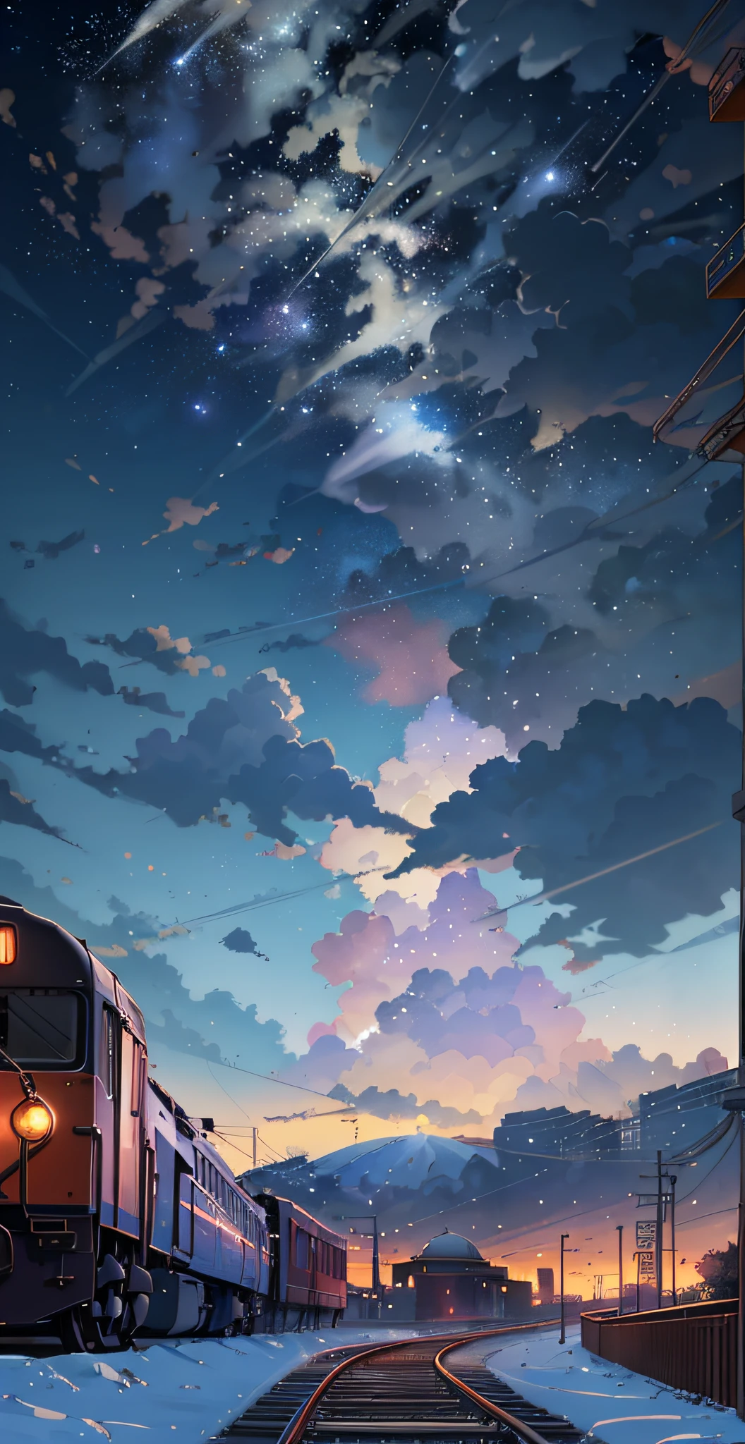 There is a train running along the tracks of the Tereza Cristina Railway located in Tubarão SC Brazil having the hill of the Bairro de Oficinas as a background in the sunset, concept art by Makoto Shinkai, tumblr, magical realism, beautiful anime scenes, cosmic sky. by makoto shinkai, ( ( ( makoto shinkai ) ), anime background art, anime backgrounds, Makoto Shinkai style, anime movie backgrounds, galaxy express, no humans.