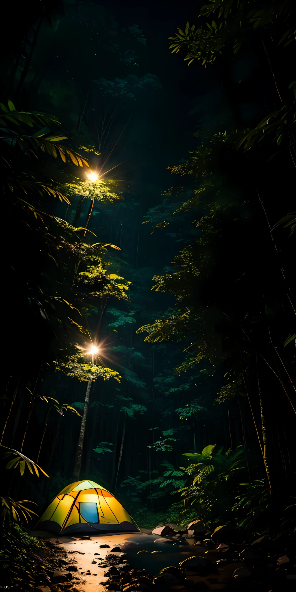 Several colorful camping tents set up among trees of an Amazon rainforest, on a rainy day, masterpiece, best quality, high quality, 8k extremely detailed CG unit wallpaper, oil painting, award-winning photography, Bokeh, Depth of Field, HDR, bloom, chromatic aberration, photorealistic, extremely detailed, trend in artstation, trend in CGsociety, intricate, high detail, Dramatic, art in the middle of the journey, volumetric lighting