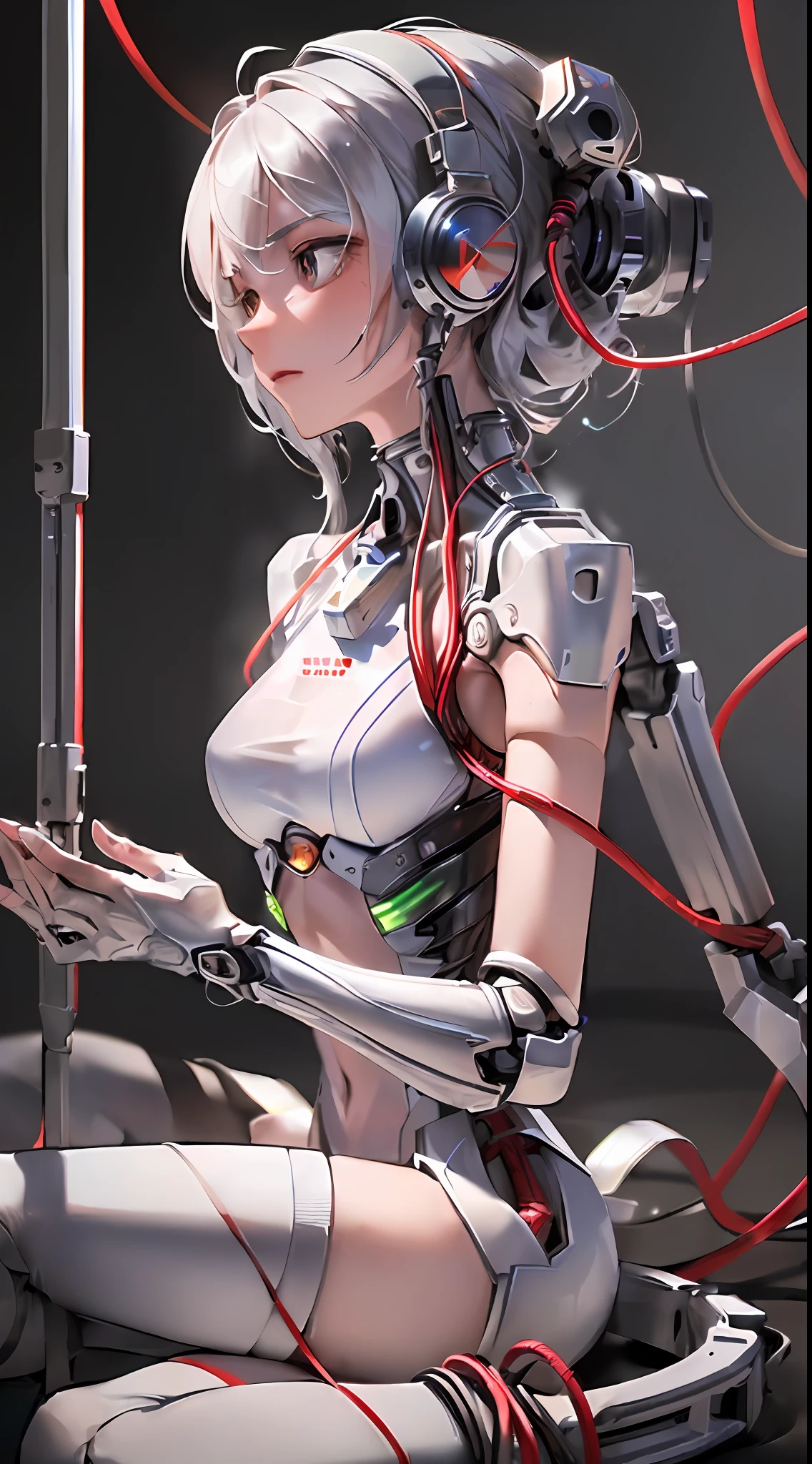 (((masterpiece))), (((best quality))), ((ultra-detailed)), (highly detailed CG illustration), ((an extremely delicate and beautiful)),(from side),cinematic light,((1mechanical girl)),solo,full body,(machine made joints:1.2),((machanical limbs)),(blood vessels connected to tubes),(mechanical vertebra attaching to back),((mechanical cervial attaching to neck)),(sitting),expressionless,(wires and cables attaching to neck:1.2),(wires and cables on head:1.2)(character focus),science fiction,extreme detailed,colorful,highest detailed
