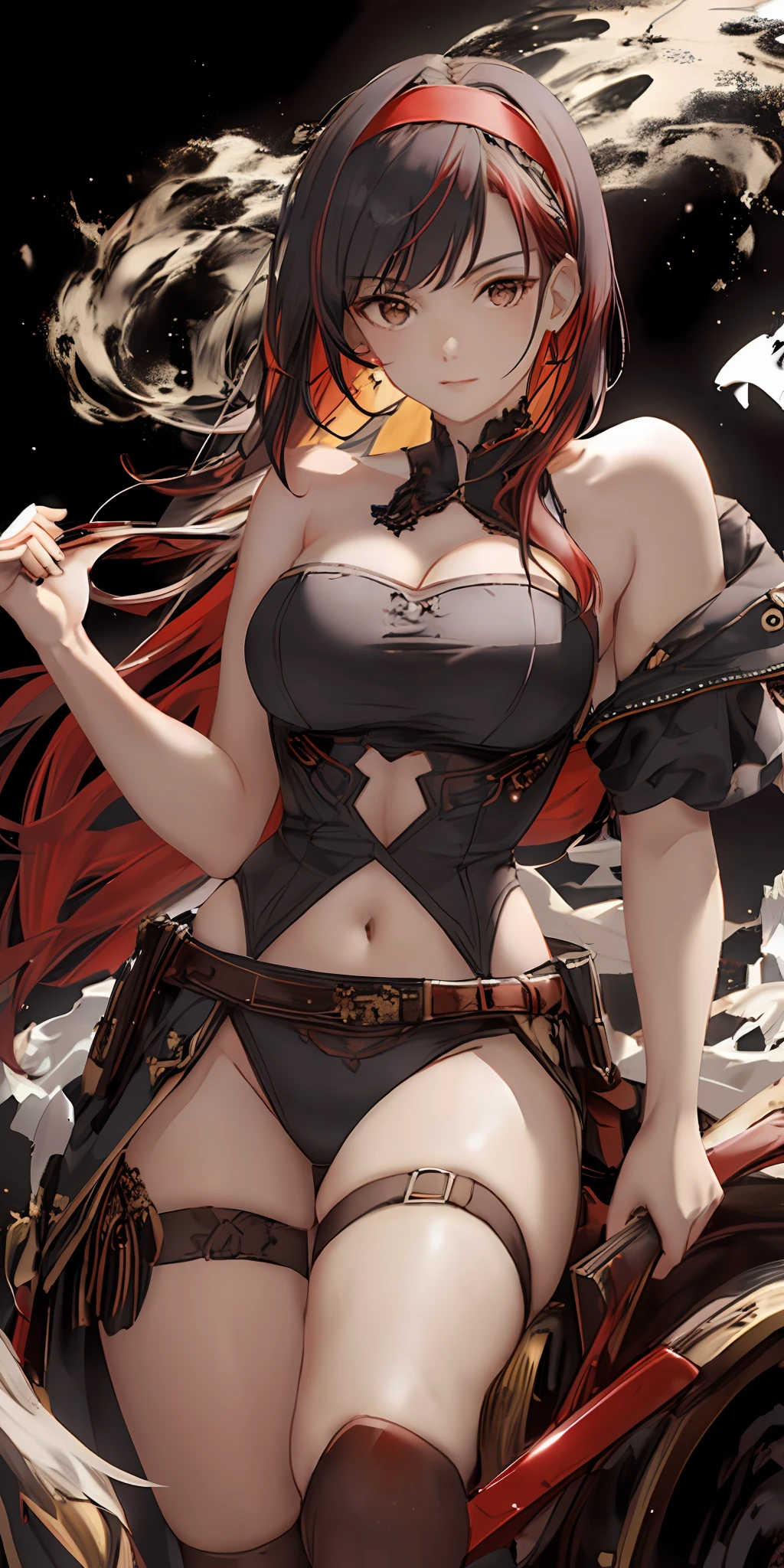 ((masterpiece, best quality)), (1girl),((mature female)), red hair, hairband, bangs, long hair, two piece strapless suit,  __location__， leotard, , black hairband, shoulder cutout, black thitying hair,curvy,cleavage,confident,