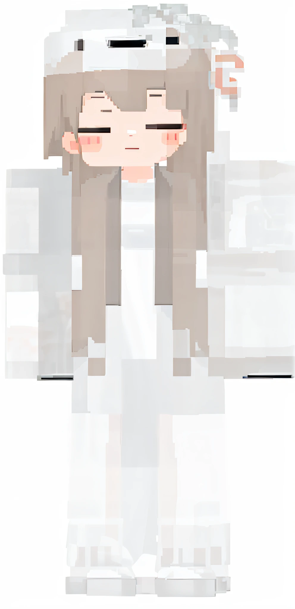 Pixel art of girl in white dress and brown jacket, Minecraft skin, white scary skin, full body sprite, view (full body + zoom out), white gold skin, wearing white robe!, full body zoomed out, modern clean white armor, flowing white robe