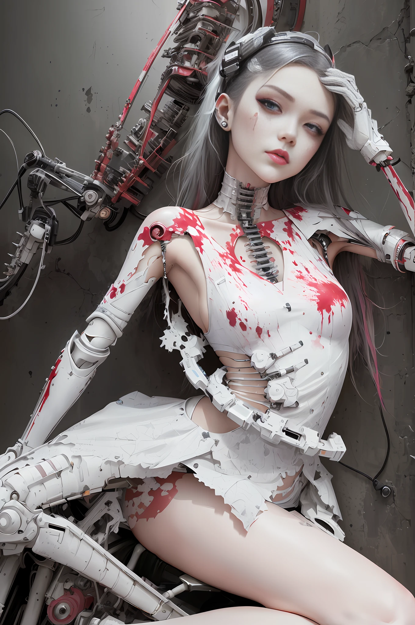 arafed woman in a white dress sitting on a motorcycle with a bloody face, porcelain cyborg, guweiz, broken beautiful female android!, cyberpunk horror style, rococo cyberpunk, inspired by Yanjun Cheng, melted cyborg, beutiful girl cyborg, [ trending on cgsociety ]!!, guweiz masterpiece, biomechanical oppai, cyborg girl