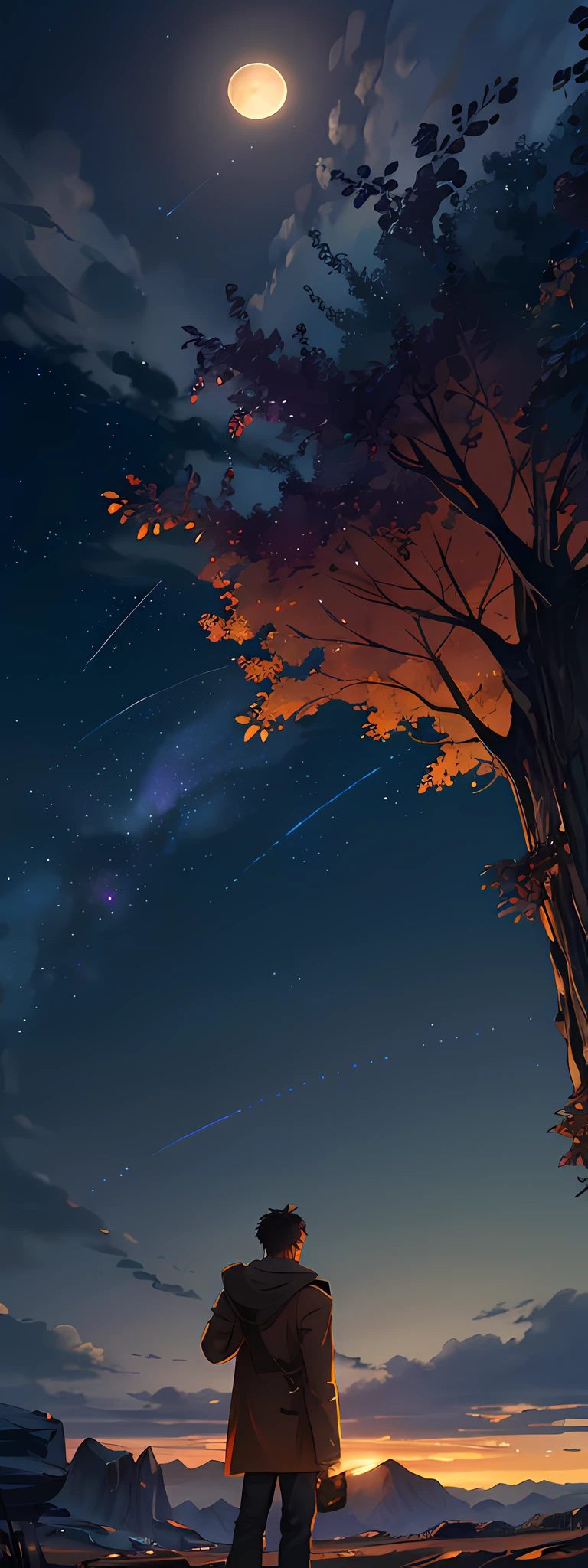 Expansive landscape photograph, (view from below with a view of the sky and wilderness below), a guy standing in a grass field looking up, short hair, black hair, glasses, ragged attire, (full moon: 1.2), (shooting star: 0.9), (nebula: 1.3), distant mountain, tree break production art, (warm light source: 1.2), (firefly: 1.2), lamp, purple and orange, intricate detail, volume lighting, realism break (masterpiece: 1.2) (Best Quality), 4K, Ultra-Detailed, (Dynamic Configuration: 1.4), Highly Detailed and Colorful Details, (Iridescent Colors: 1.2), (Glowing Lighting, Atmospheric Lighting), Dreamy, Magical, (Solo: 1.2)