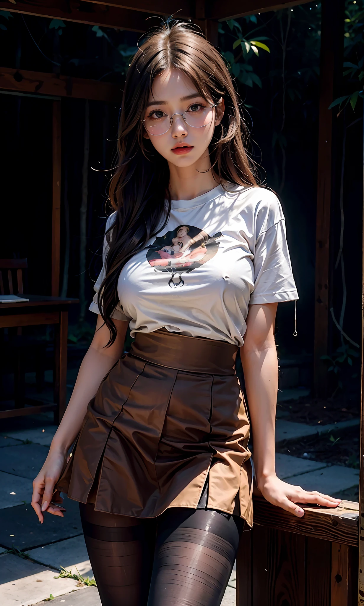 ulzzang-6500-v1.1,(raw photo:1.2), (photorealistic:1.4), beautiful detailed girl, very detailed eyes and face, beautiful detailed eyes, ridiculous, incredibly ridiculous, huge file size, super detailed, high resolution, very detailed, best quality, masterpiece, ((t-shirt)), illustration, very detailed, CG, unified, 8k wallpaper, amazing, fine details, masterpiece, Best quality, very detailed CG uniform 8k wallpaper, face light, movie lighting, 1girl, 16 years old, long white hair, side split, (big breasts), (no panties)), (glasses), (dynamic pose), (sexy pose), ((camel toe))), (full body), ((pantyhose)), ((black hip skirt)), (knee-bending seat)))))