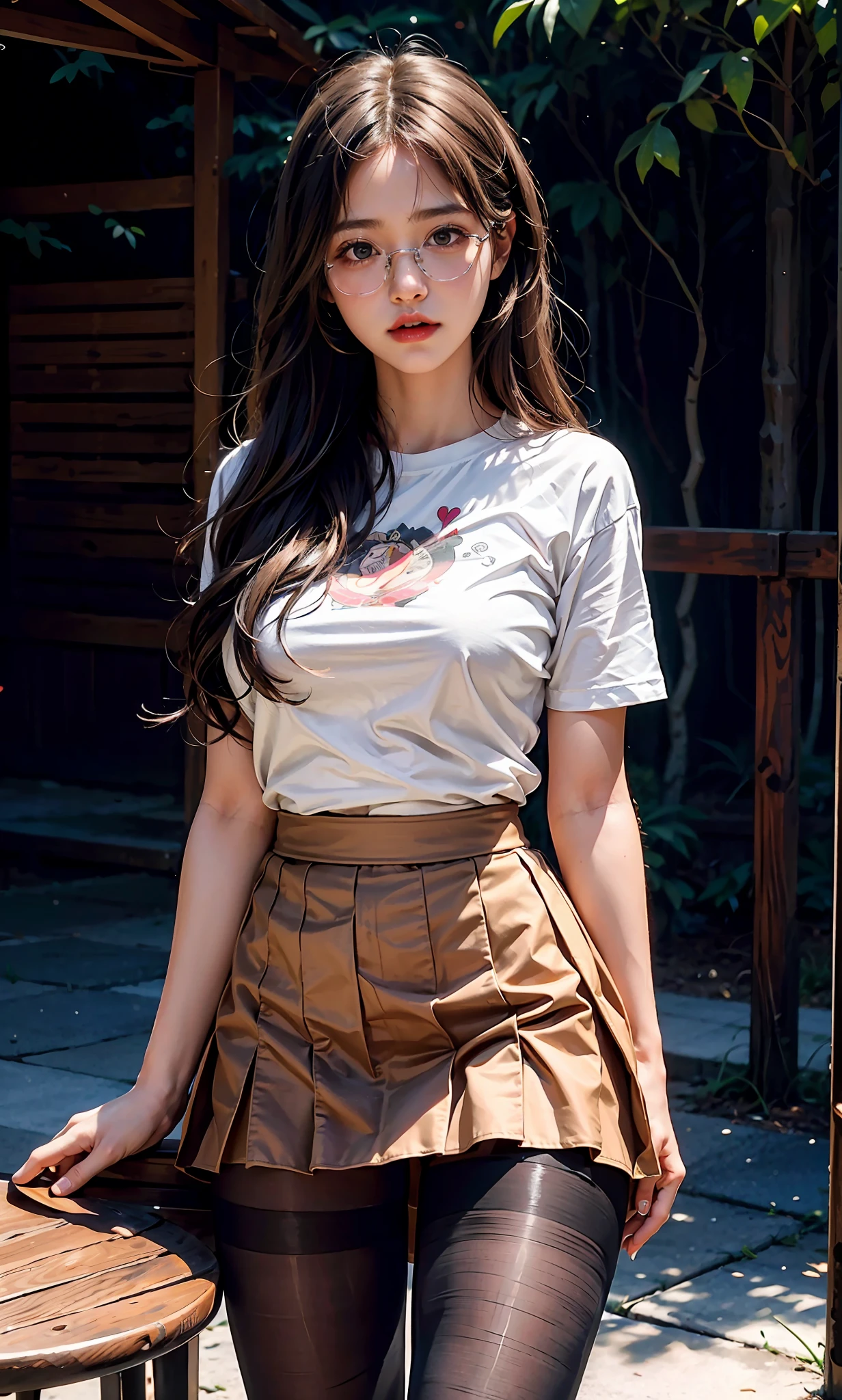 ulzzang-6500-v1.1,(raw photo:1.2), (photorealistic:1.4), beautiful detailed girl, very detailed eyes and face, beautiful detailed eyes, ridiculous, incredibly ridiculous, huge file size, super detailed, high resolution, very detailed, best quality, masterpiece, ((t-shirt)), illustration, very detailed, CG, unified, 8k wallpaper, amazing, fine details, masterpiece, Best quality, very detailed CG uniform 8k wallpaper, face light, movie lighting, 1girl, , long white hair, side split, (big breasts), (no panties)), (glasses), (dynamic pose), (sexy pose), ((camel toe))), (full body), ((pantyhose)), ((black hip skirt)), (knee-bending seat)))))