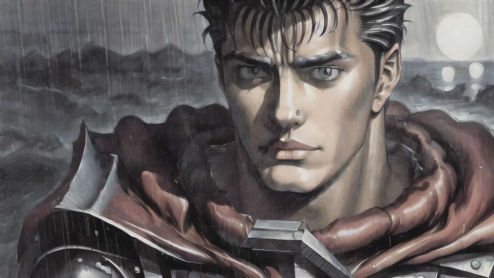 night, rain, dark, retro style, guts\(berserk\), (detailed, masterpiece:1.4)