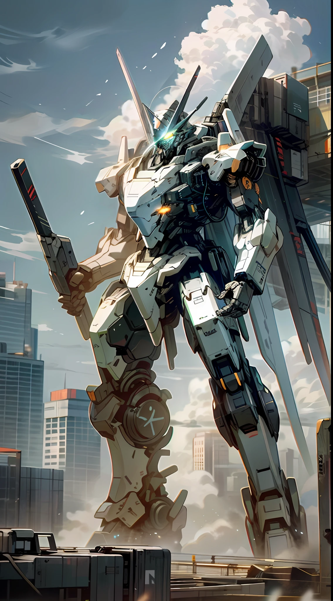 sky, cloud, holding_weapon, no_humans, glowing, , robot, building, glowing_eyes, mecha, science_fiction, city, realistic,mecha