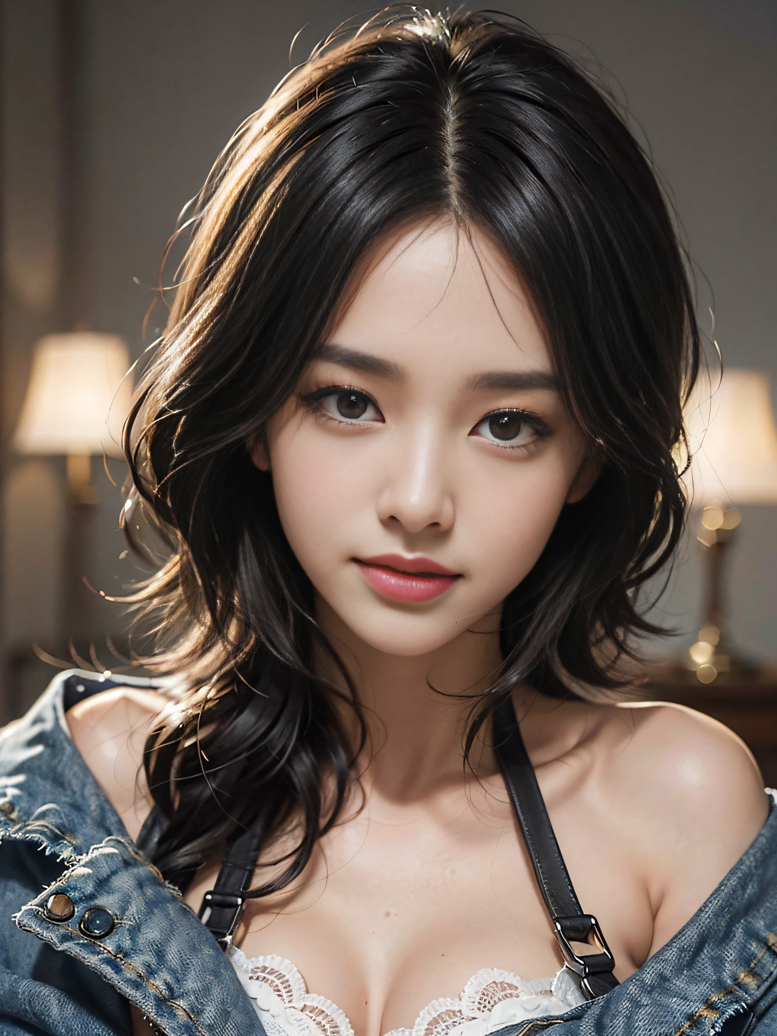 (masterpiece:1.3), (8k, photorealistic, RAW photo, best quality: 1.4), (1girl), beautiful face, (realistic face), (black hair, short hair:1.3), beautiful hairstyle, realistic eyes, beautiful detailed eyes, (realistic skin), (cleavage), beautiful skin, attractive, super high resolution, super realistic, very detailed, golden ratio, 1girl, in the dark, deep shadows, understated, denim shot, (official costume: 1.4), long hair, gray hair, happy smile, skin texture,