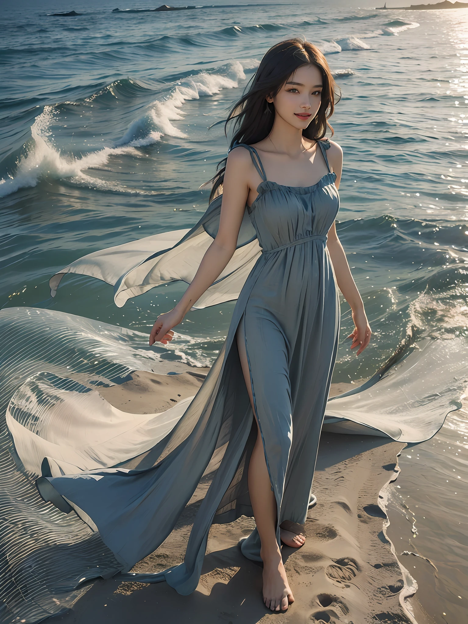 Best quality,masterpiece, ultra high res, (photorealistic:1.4), raw photo,(slender legs),(beautiful hands),1girl,solo,standing,((maxi dress:1.5)),in the dark, deep shadow,(jimmy choo), (floating colorful wind:1) ,(full body),Perfect eyes, perfect face, Beach, sea, smile,low key, Slim figure, ((golden ratio figure)), ((perfect long legs))
