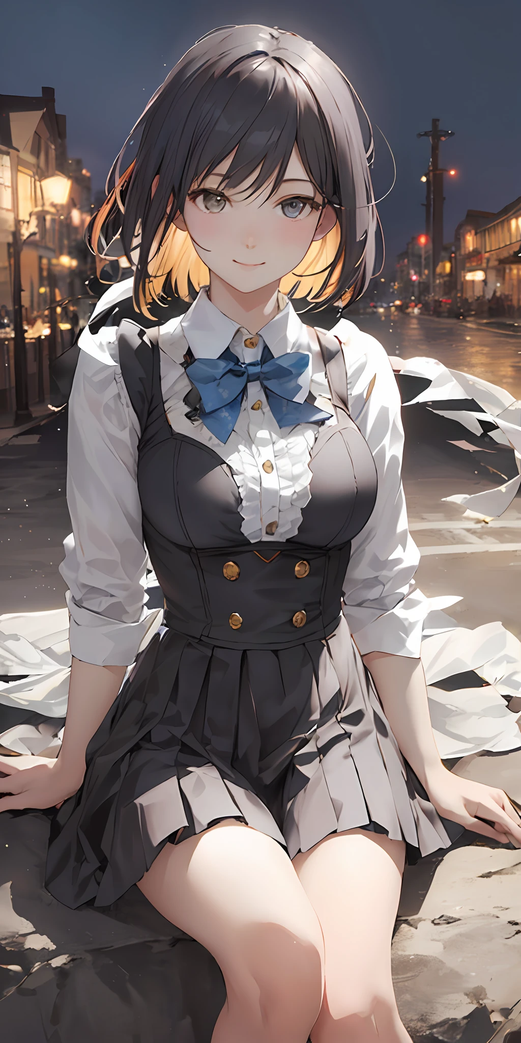 (8k, RAW photo, best quality, masterpiece:1.2), (realistic, photo-realistic:1.37), ultra-detailed,
1 girl,cute, solo,beautiful detailed sky,detailed cafe,night,sitting,dating,(nose blush),(smile:1.1),(closed mouth),large breasts, seductive smile, large aparture, professional lighting, Sony A7R4, Zessie 50mm F1.8,
medium breasts,beautiful detailed eyes,(collared shirt:1.1), bowtie,pleated skirt,(short hair:1.2),floating hair