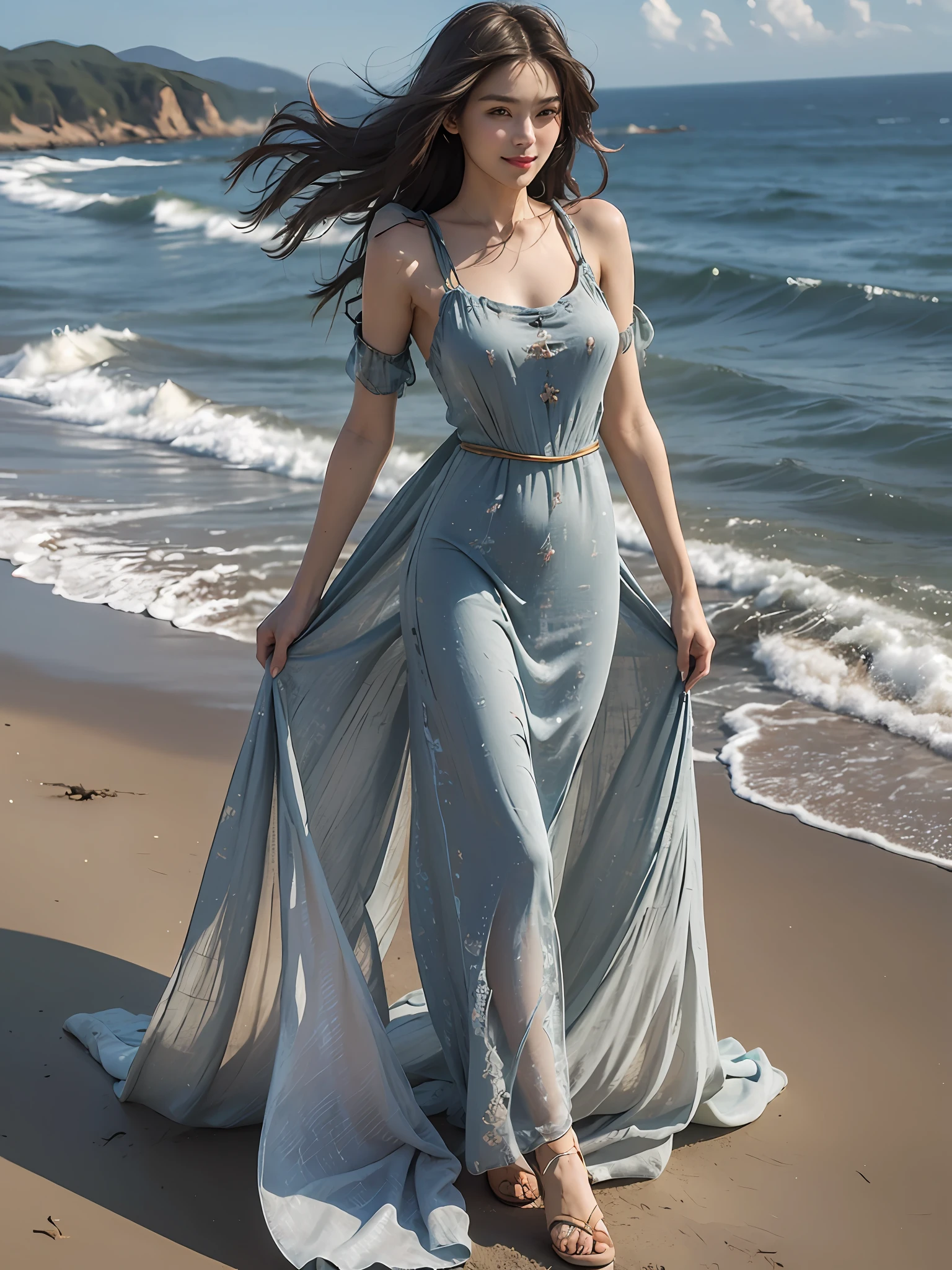 Best quality,masterpiece, ultra high res, (photorealistic:1.4), raw photo,(slender legs),(beautiful hands),1girl,solo,standing,((maxi dress:1.5)),in the dark, deep shadow,(jimmy choo), (floating colorful wind:1) ,(full body),Perfect eyes, perfect face, Beach, sea, smile,low key, Slim figure, ((golden ratio figure)), ((perfect long legs))