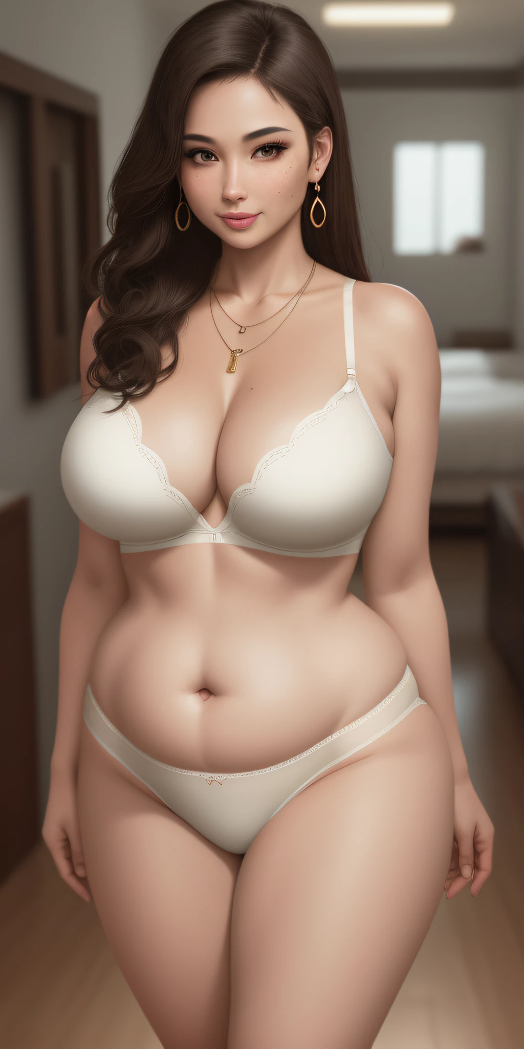 8k, 30 years old, beautiful mom, plump figure, waist constriction, sexy vertical, biting lips, cleavage, necklace, earrings, perfect, smooth body, moles visible on the face, sexy eyes, chic thighs, visible detailed curves, view from behind, (beige correction underwear), unevenness of the body is clearly visible,