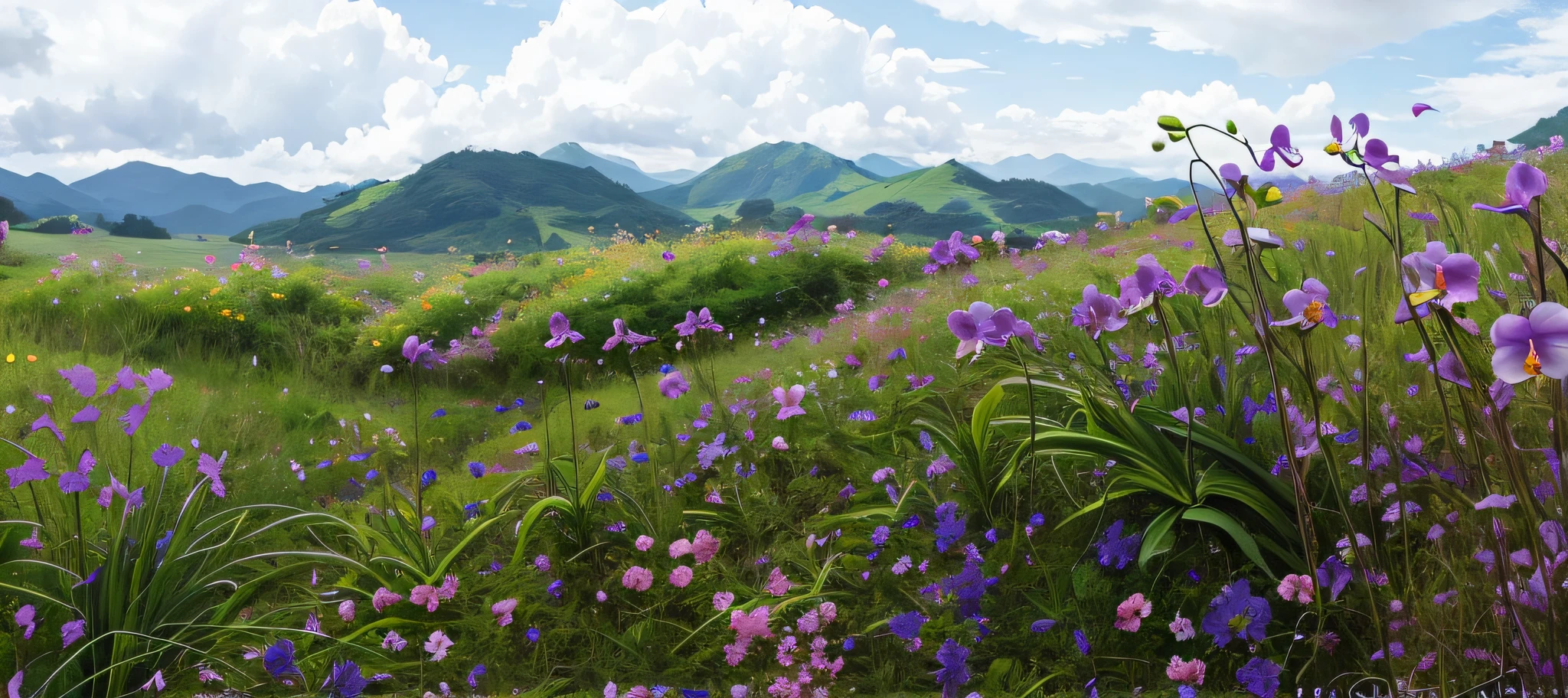 Purple flowers in a field with mountains as a mountainous area background. Rare plants, overgrown with thick orchids, overgrown with puffy orchids, flowers in the foreground, with fields of flowers in the foreground, overgrown with orchids, standing in a field of flowers, picturesque and fruitful land, scenery, vast lush valley flowers, beautiful pictures, fields of pink flowers, by john wilson, summer wallpaper, grass, little flowers, large clouds, blue sky, hot weather, HD details, moist watermark, special details, film, high realism, soft light, deep focus bokeh, ray tracing and high realism --v6