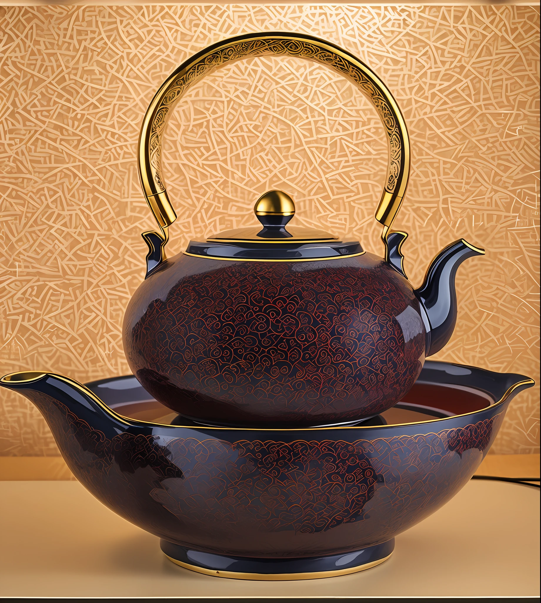 On the bowl is a teapot, inspired by Sesshū Tōyō, kettle, big red kettle on the hearth, teapot, teapot, teapot, gorgeous porcelain tea set, teapot: 1, inspired by Renzheng Daoben, inspired by the Qianlong Emperor, smooth ceramics, glazed ceramics, delicate and rich in details, product-grade light photography