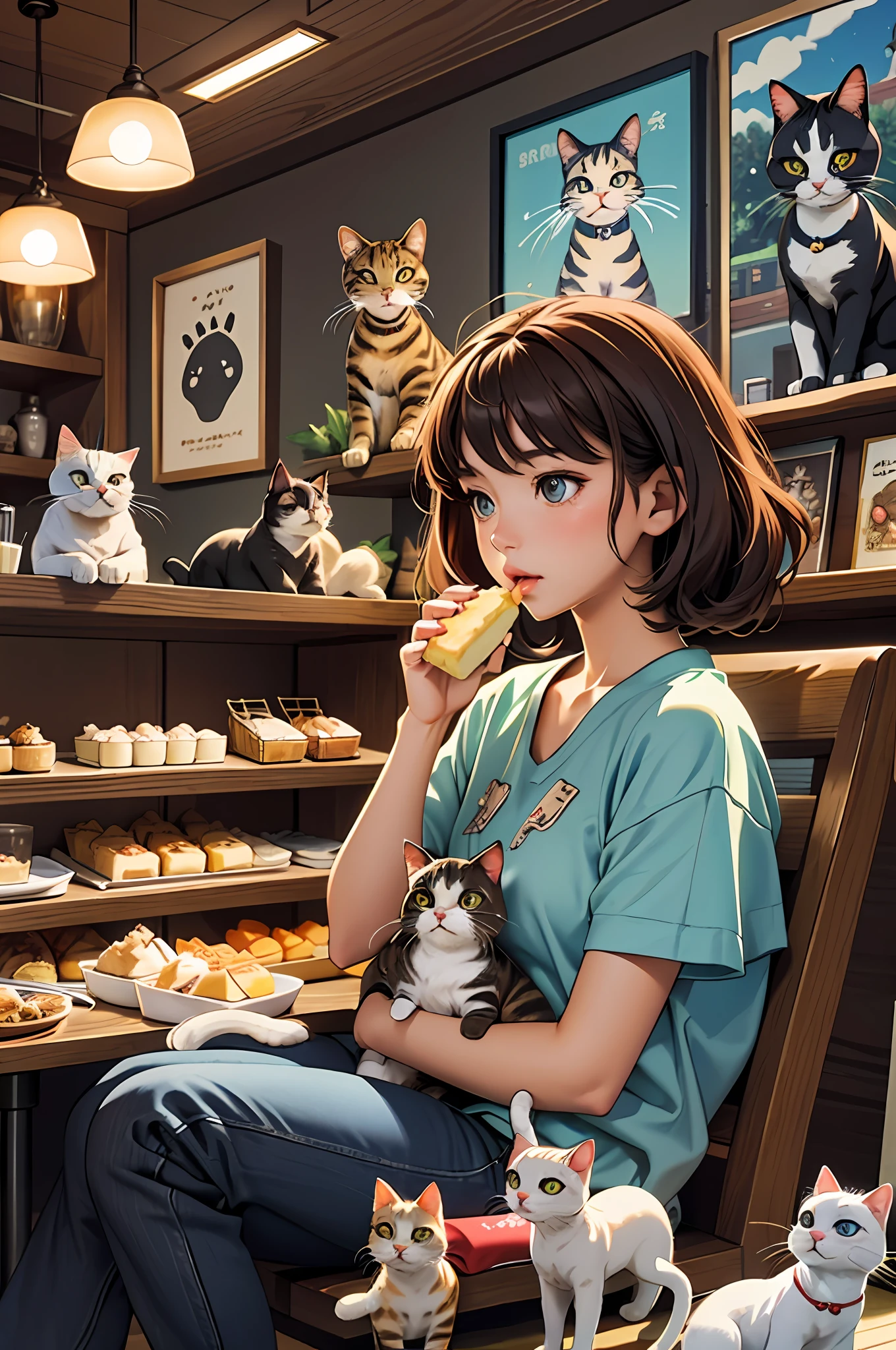 countryside road trip movie poster, masterpiece, best quality, 1girl, in a cat cafe, eating a fabulous dessert, surrounded by cats, pets, toys, cat house, cat toys, cat themed, neko theme , trendy, trending, indoors, beautiful light