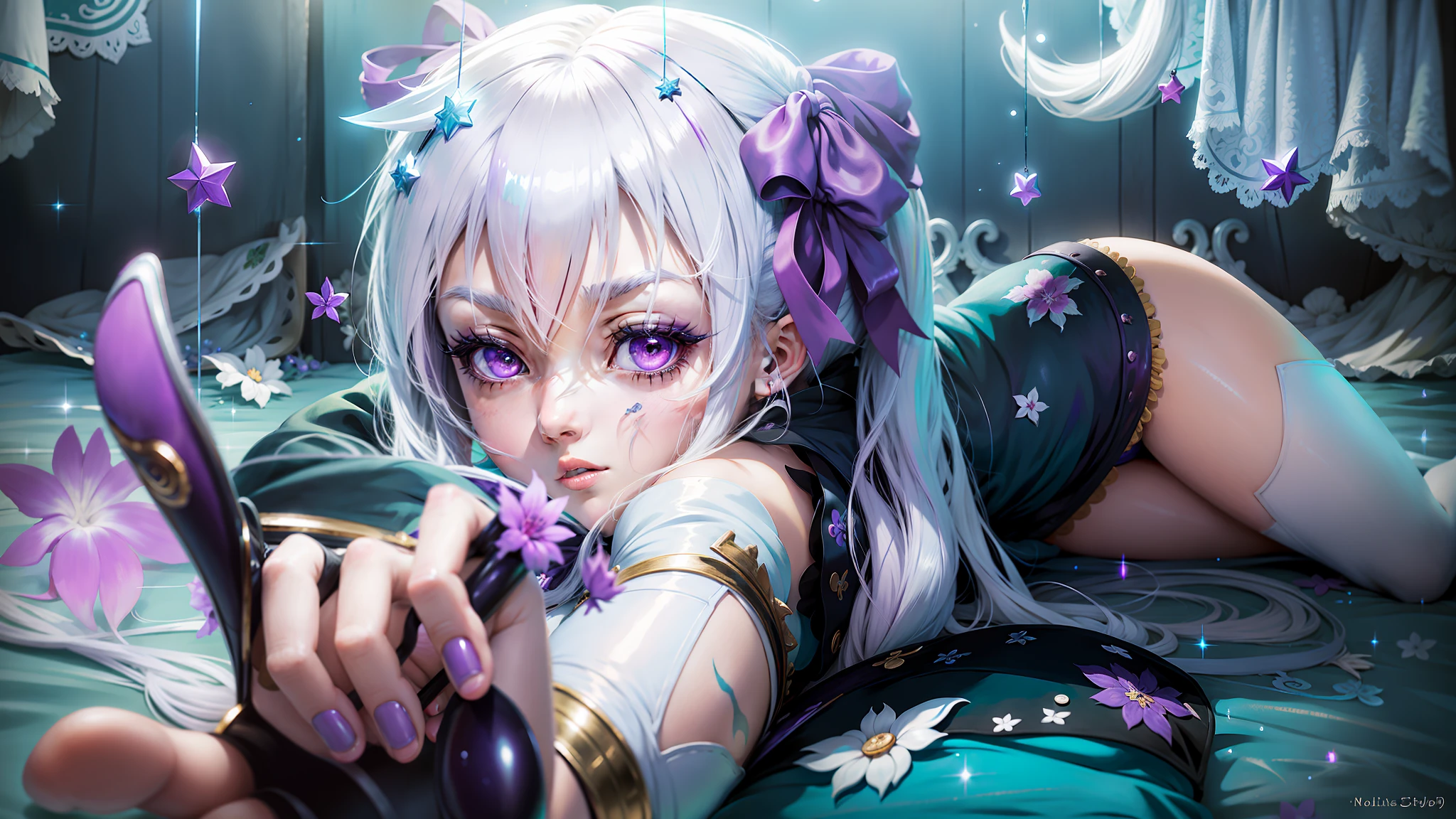 Anime girl with white hair and purple eyes, screenshot of Black Clover, anime character, female anime character, Best Anime Character Design, as an anime character, looking at the camera, lying down, Noelle Silva, Black Clover anime.