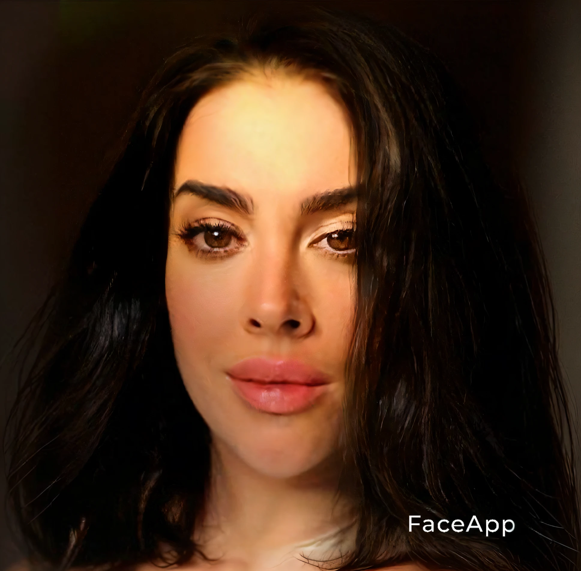 Woman with large breasts and generous neckline, bulky breasts, DD breasts, white skin, wide neckline, V-neckline, apparent under shiny black blouse, closed lips, face same as pictured, same face, long hair, red lipstick, dark background, medium plane, high photo quality, hdr
