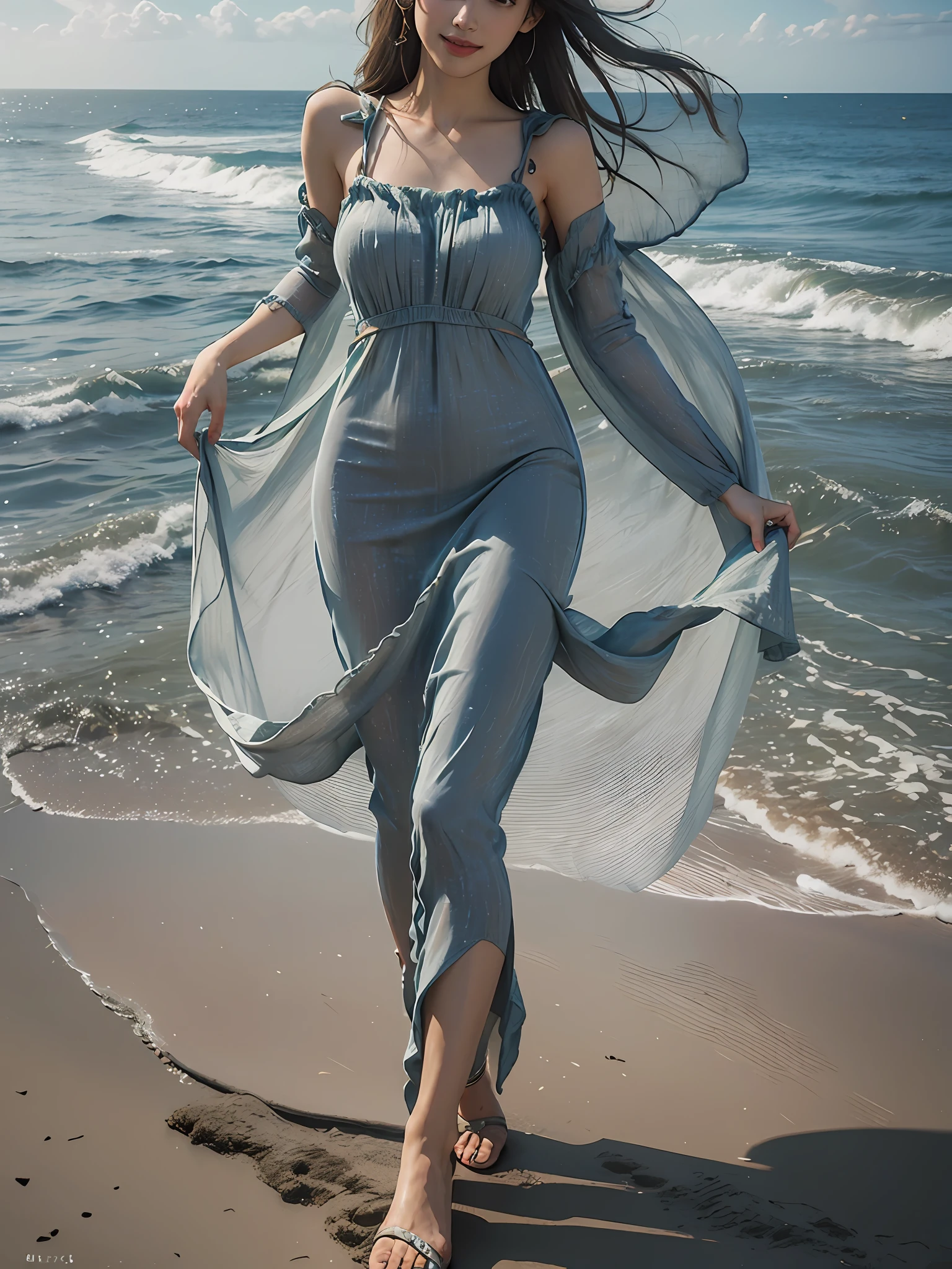 Best quality,masterpiece, ultra high res, (photorealistic:1.4), raw photo,(slender legs),(beautiful hands),1girl,solo,standing,((maxi dress:1.5)),in the dark, deep shadow,(jimmy choo), (floating colorful wind:1) ,(full body),Perfect eyes, perfect face, Beach, sea, smile,low key, Slim figure, ((golden ratio figure)), ((perfect long legs))
