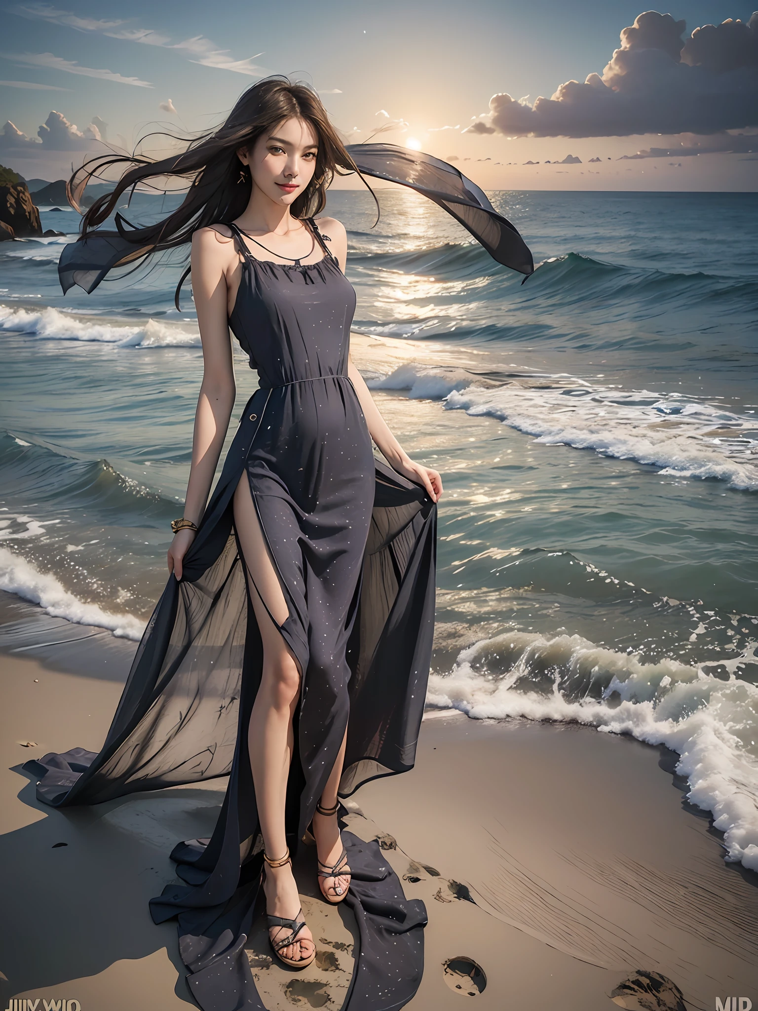 Best quality,masterpiece, ultra high res, (photorealistic:1.4), raw photo,(slender legs),(beautiful hands),1girl,solo,standing,((maxi dress:1.5)),in the dark, deep shadow,(jimmy choo), (floating colorful wind:1) ,(full body),Perfect eyes, perfect face, Beach, sea, smile,low key, Slim figure, ((golden ratio figure)), ((perfect long legs))