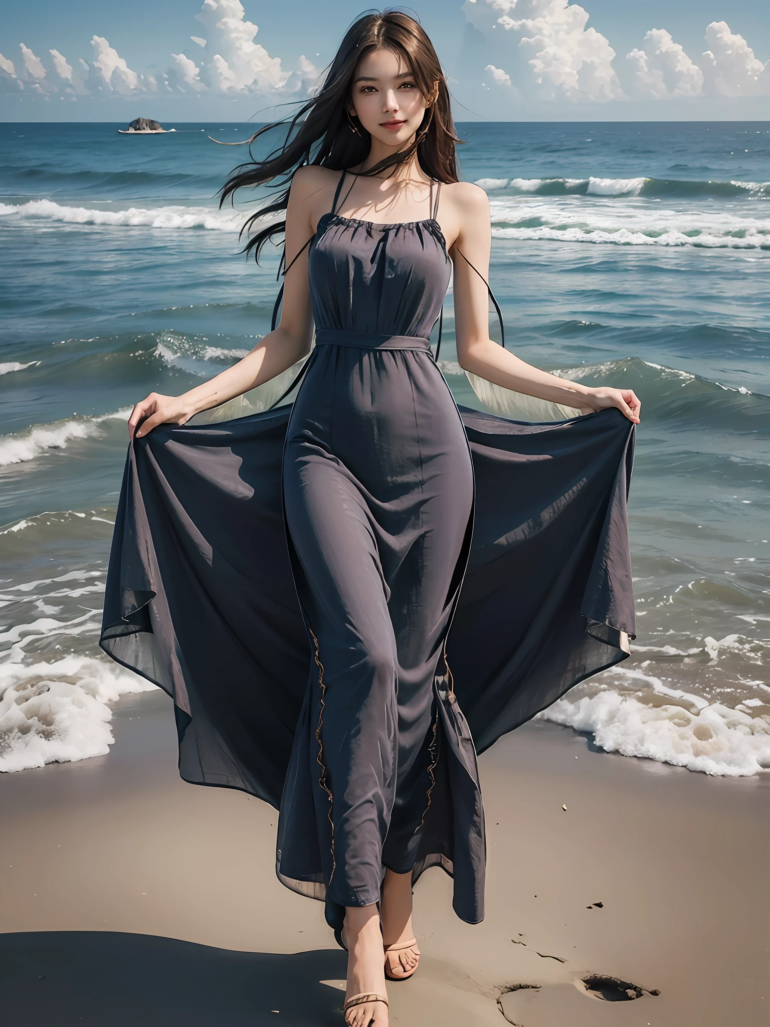 Best quality,masterpiece, ultra high res, (photorealistic:1.4), raw photo,(slender legs),(beautiful hands),1girl,solo,standing,((maxi dress:1.5)),in the dark, deep shadow,(jimmy choo), (floating colorful wind:1) ,(full body),Perfect eyes, perfect face, Beach, sea, smile,low key, Slim figure, ((golden ratio figure)), ((perfect long legs))