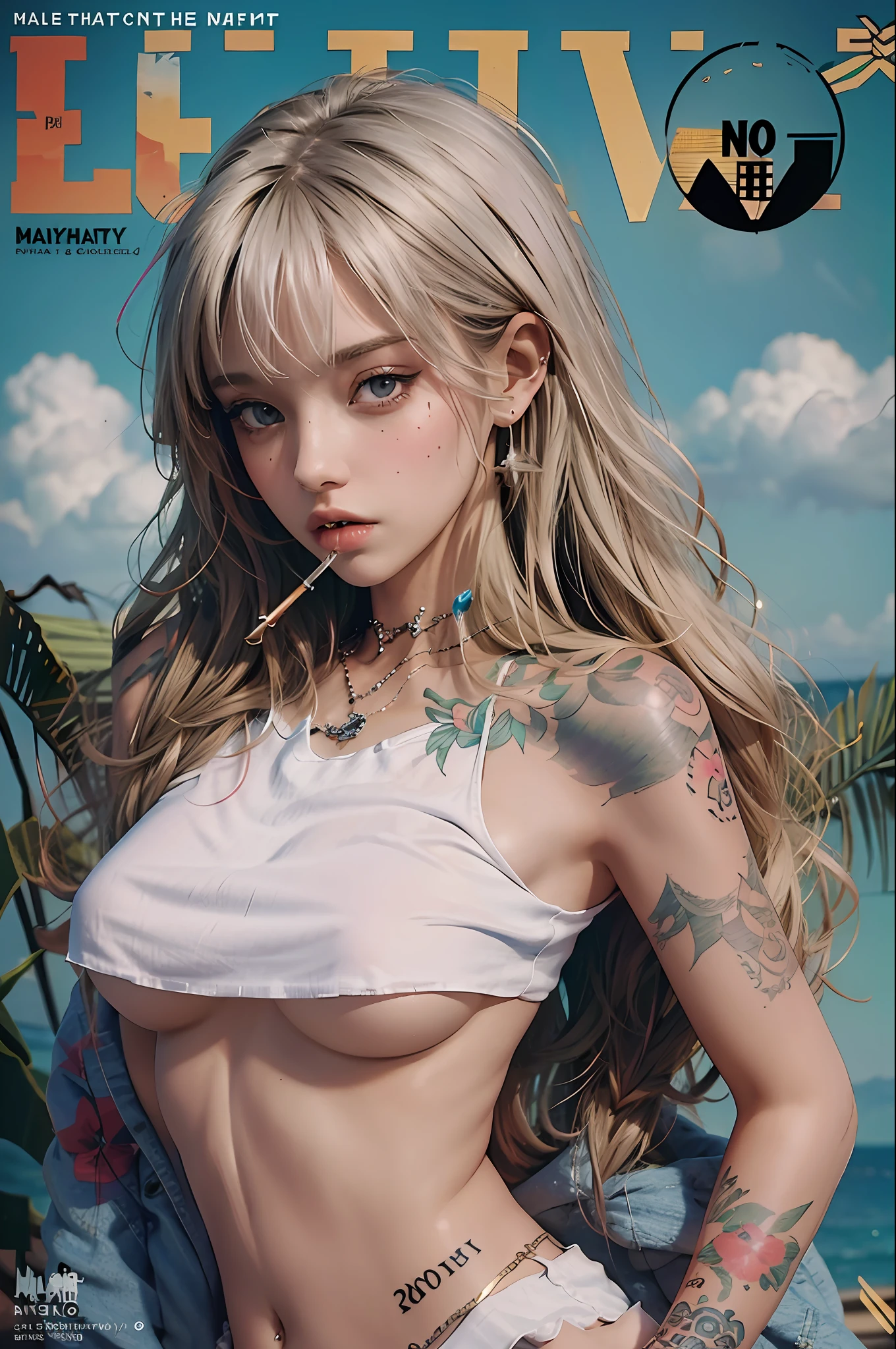 ((masterpiece)) White girl couple, with Piercing, tattoo by the body, smoking, best quality, great highlight on the upper body, motel room landscape, playboy magazine cover photography - start with a sexy and charming pose.