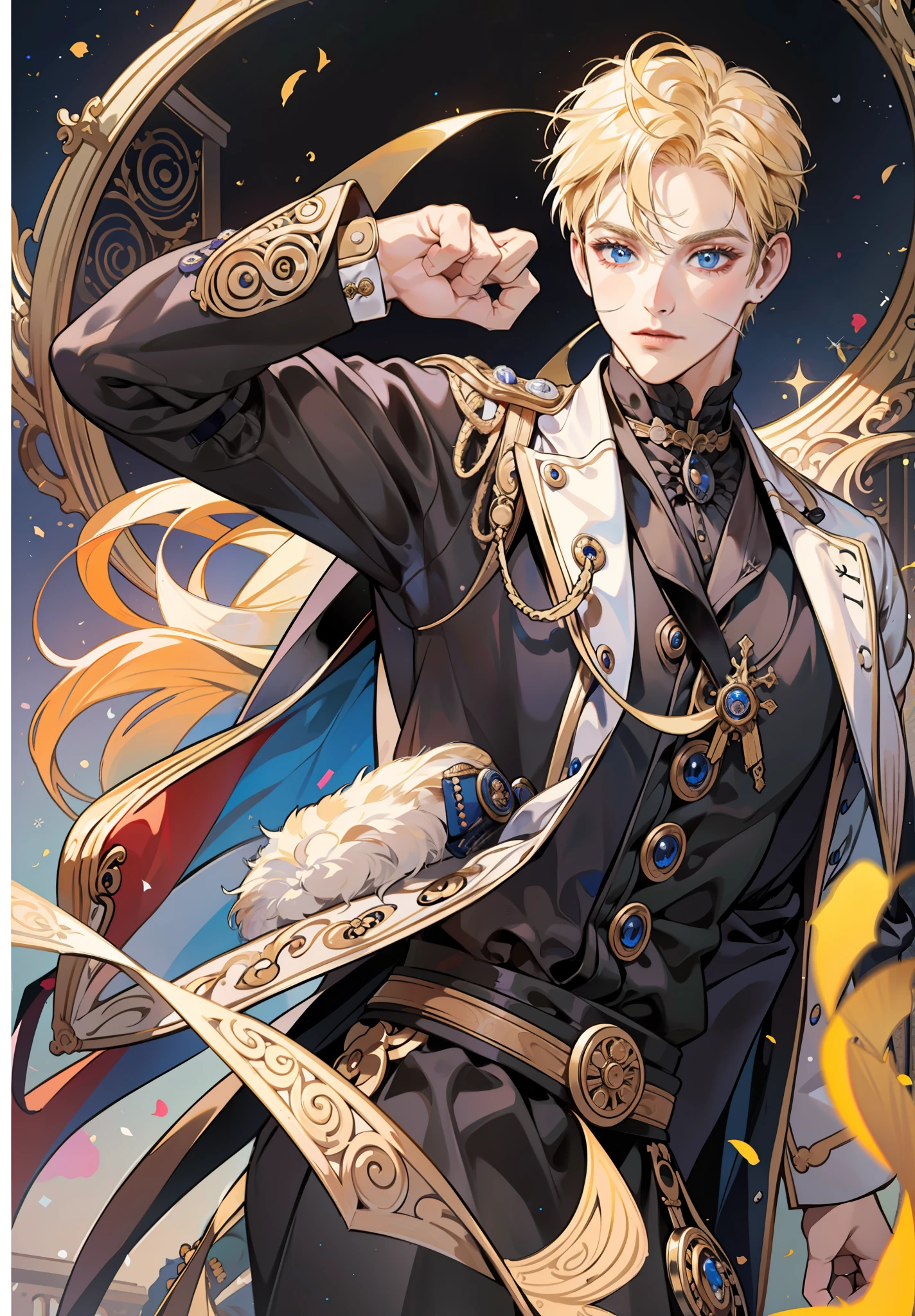Prince, blue eyes, blonde hair, black outfit, young, mature, masculine man, gold earring, detailed, quality, highly detailed, tan skin, solo, blue eyes, naruto with victorian attire, ((((victorian boy attire)))), 1 boy, solo, uzumaki naruto, whiskermark