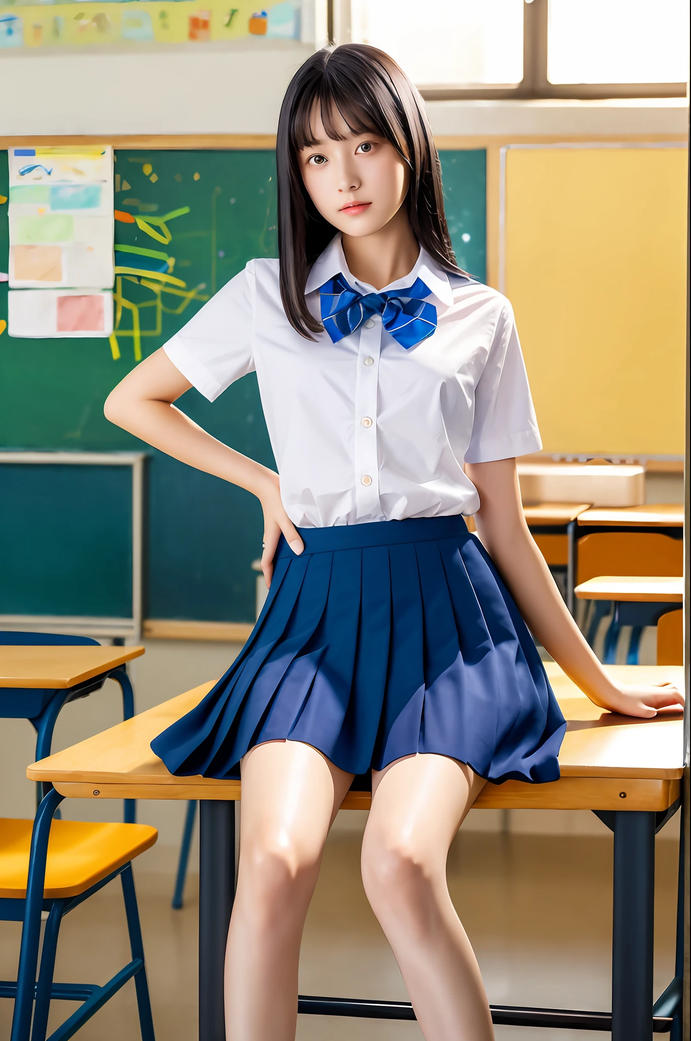 masterpiece, top quality, ultra high definition, colorful, flat color, depth of field, lens flare

1 girl, sitting, black hair, watching viewer, school, classroom, pleated mini skirt, school uniform, seravuk, detailed touch, detailed fabric texture, beautiful detailed face,