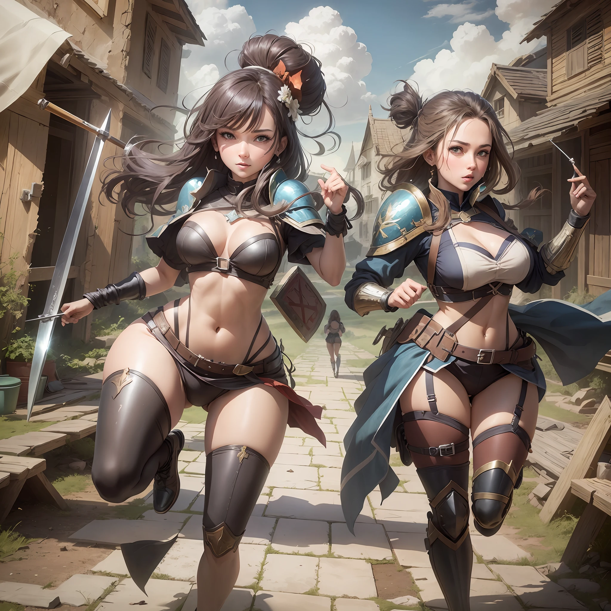 Two sexy beauties running desperately through an abandoned village carrying a shield with a sword, explosion in the background --auto --s2