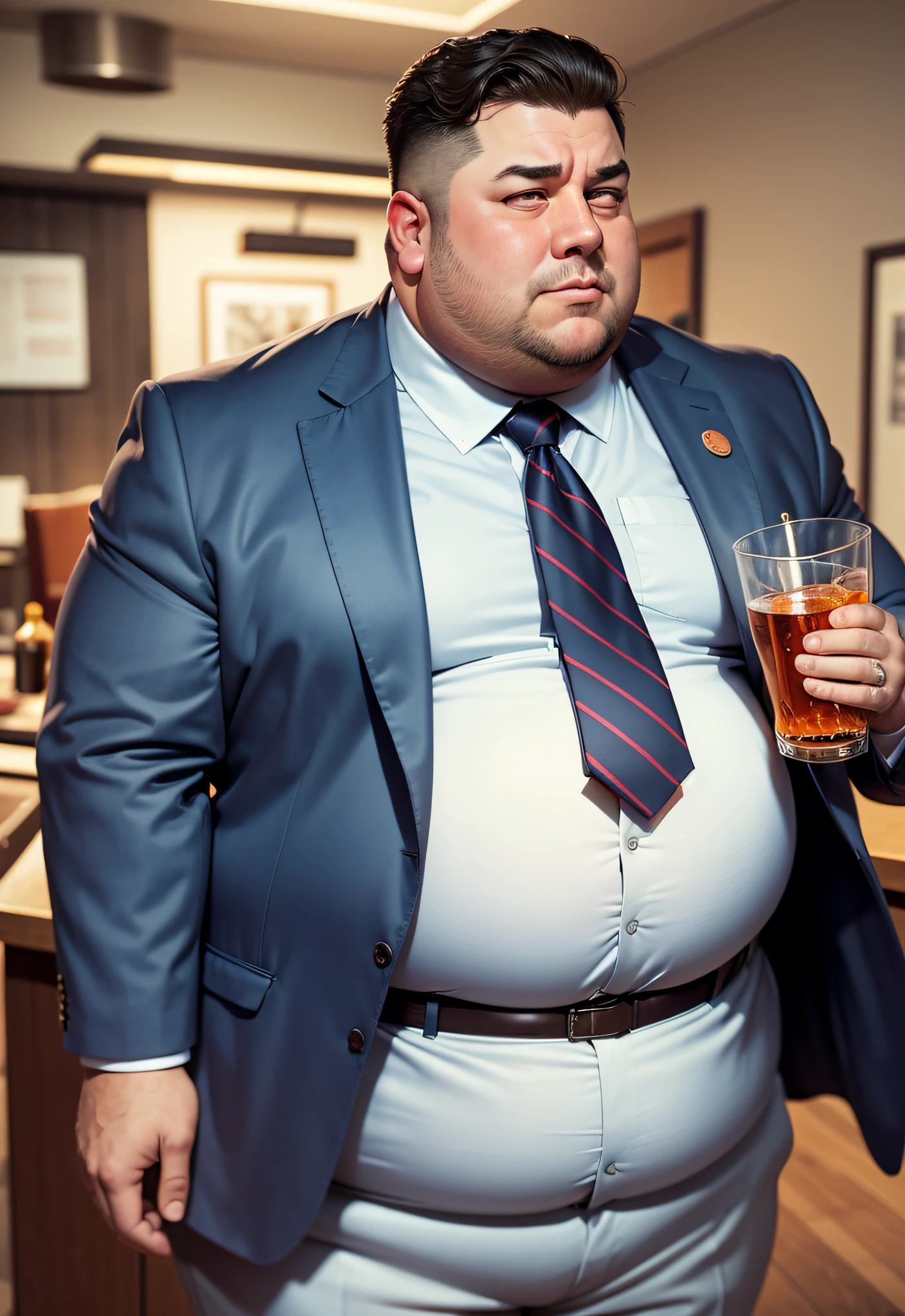 fat bloated male politician in a cheap suit, drinking a tumbler full of whiskey --auto --s2