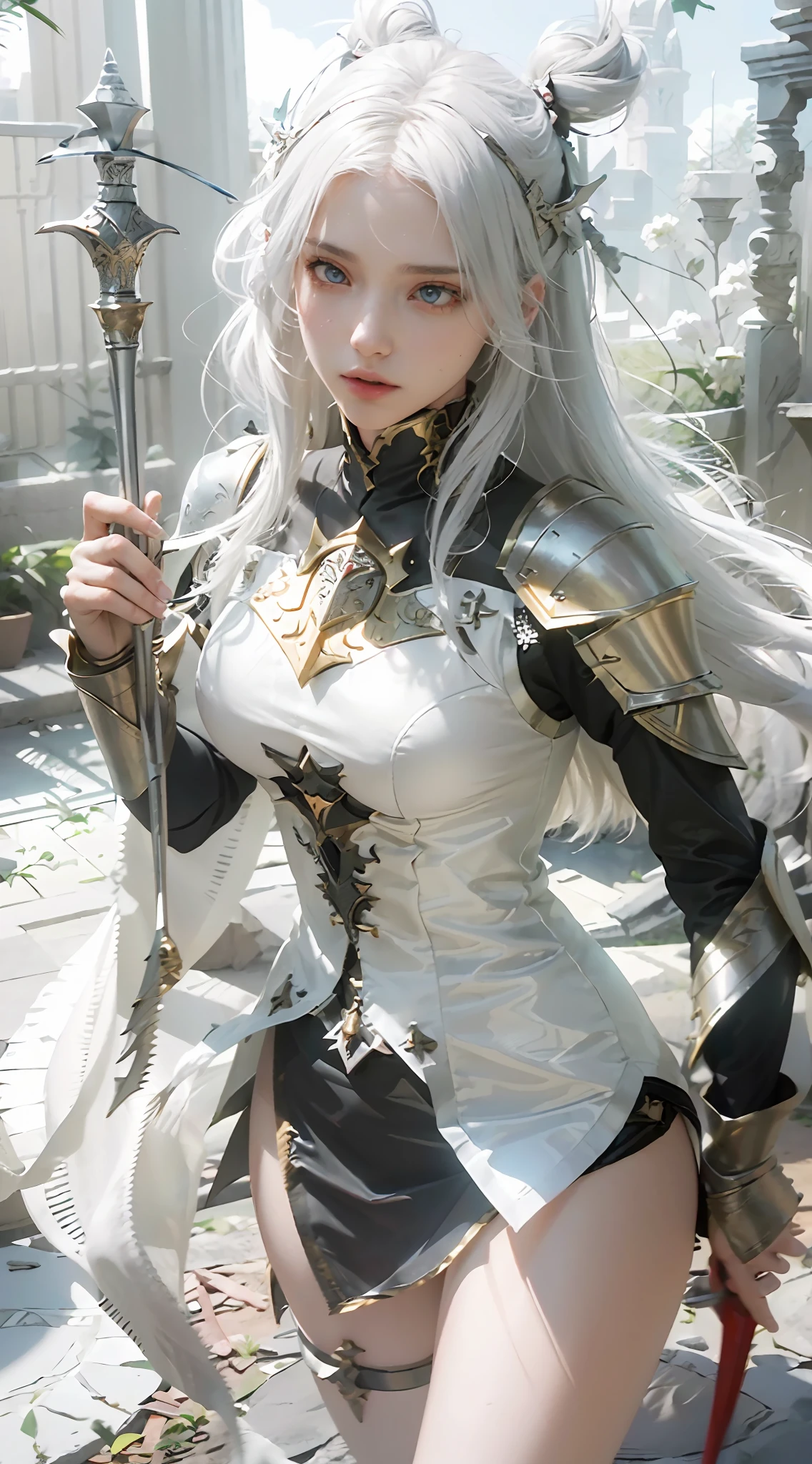 ((Best Quality)), ((Masterpiece)), (Details: 1.4), 3D, A Beautiful Female Knight, (Long White Hair: 1.9), (Red Eyes: 1.7), Wearing Armor, Sabre, Temple, HDR (High Dynamic Range), Ray Tracing, NVIDIA RTX, Super-Resolution, Unreal 5, Subsurface Scattering, PBR Texture, Post-processing, Anisotropic Filtering, Depth of Field, Maximum Sharpness and Clarity, Multi-layer textures, albedo and specular mapping, surface shading, accurate simulation of light-material interactions, perfect proportions, Octane Render, two-color light, large aperture, low ISO, white balance, rule of thirds, 8K RAW,