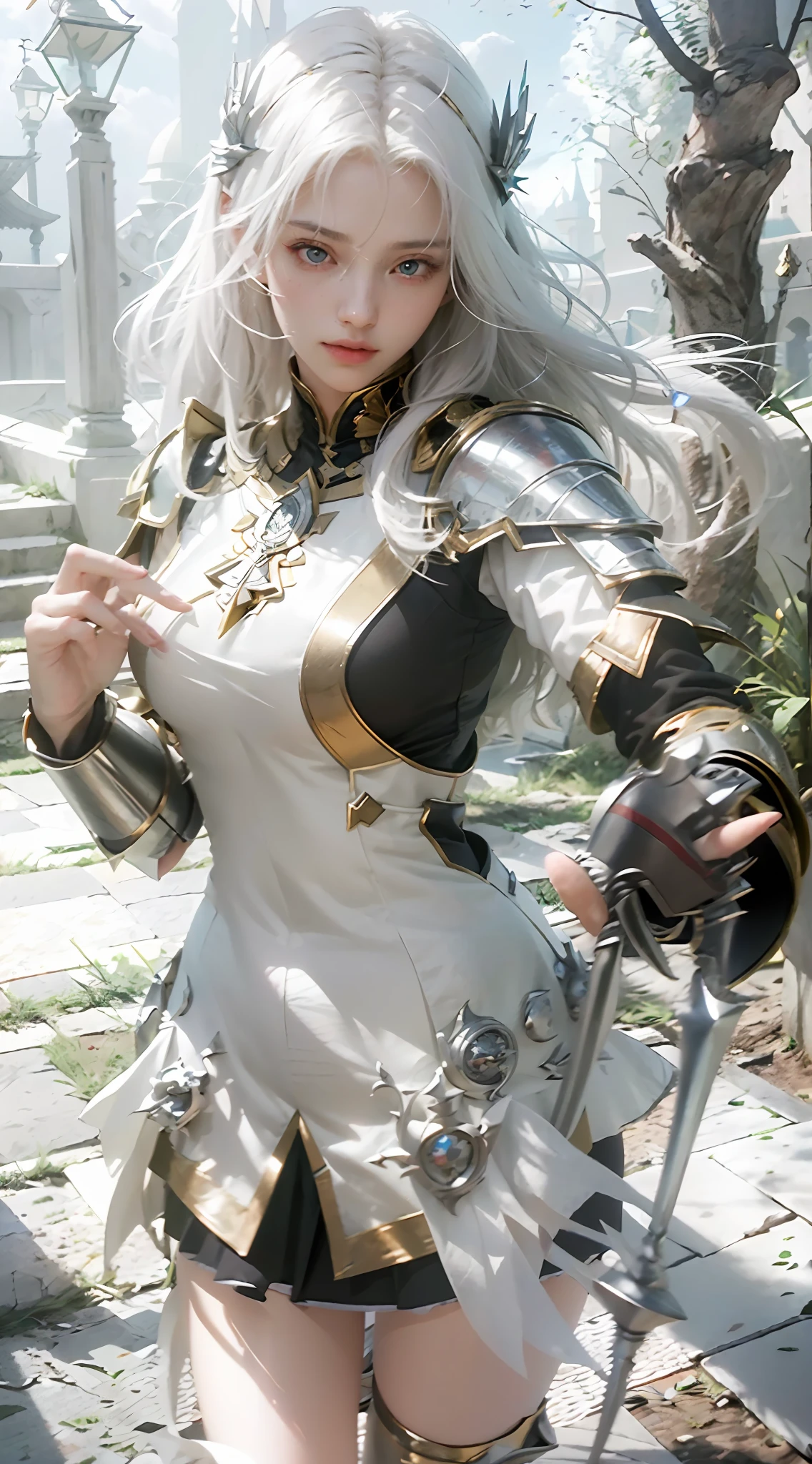 ((Best Quality)), ((Masterpiece)), (Details: 1.4), 3D, A Beautiful Female Knight, (Long White Hair: 1.9), (Red Eyes: 1.7), Wearing Armor, Sabre, Temple, HDR (High Dynamic Range), Ray Tracing, NVIDIA RTX, Super-Resolution, Unreal 5, Subsurface Scattering, PBR Texture, Post-processing, Anisotropic Filtering, Depth of Field, Maximum Sharpness and Clarity, Multi-layer textures, albedo and specular mapping, surface shading, accurate simulation of light-material interactions, perfect proportions, Octane Render, two-color light, large aperture, low ISO, white balance, rule of thirds, 8K RAW,
